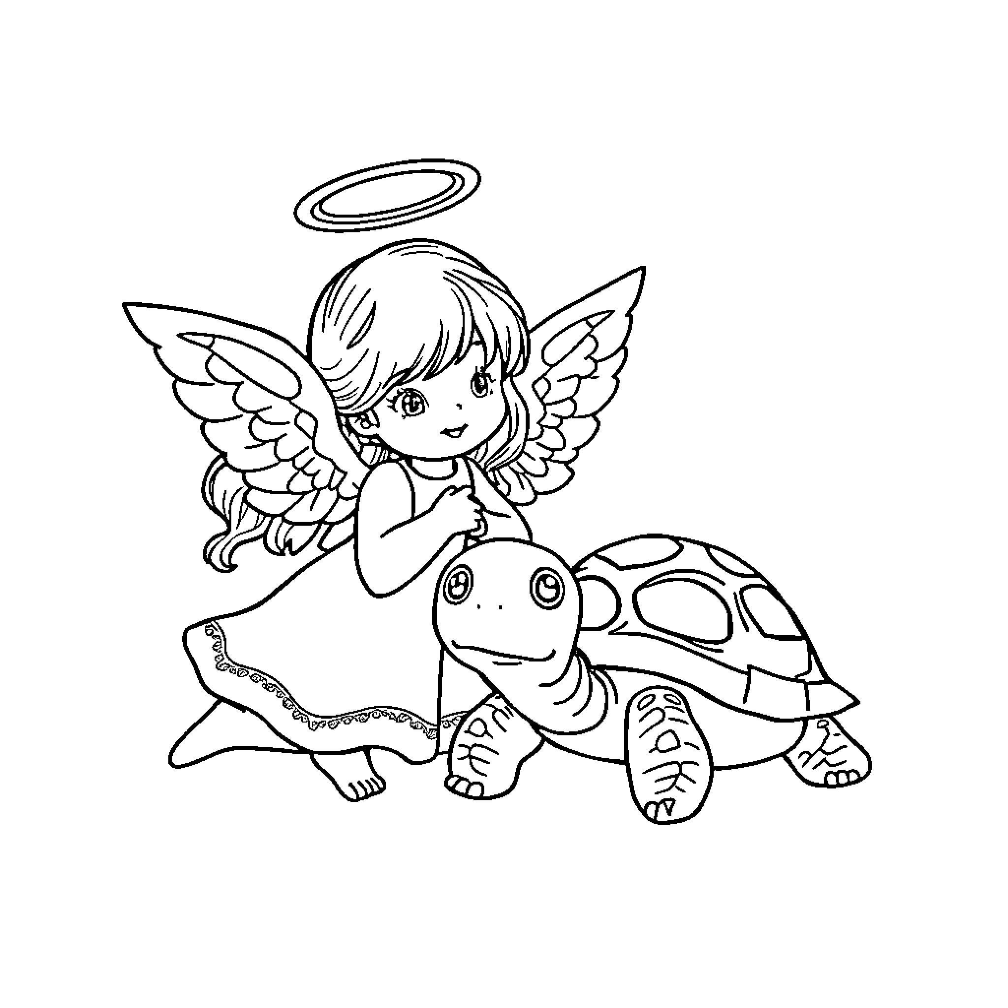 Angel Embracing a Whimsical Tortoise Coloring Page (free black-and-white line drawing printable PDF for all, from beginners to advanced learners, including children, teens, adults, and seniors)