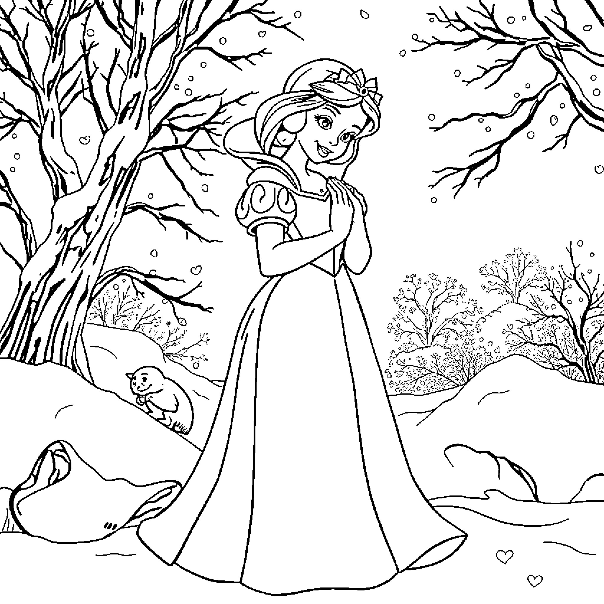 Snow White enjoying the winter wonderland Coloring Page (free black-and-white line drawing printable PDF for all, from beginners to advanced learners, including children, teens, adults, and seniors)