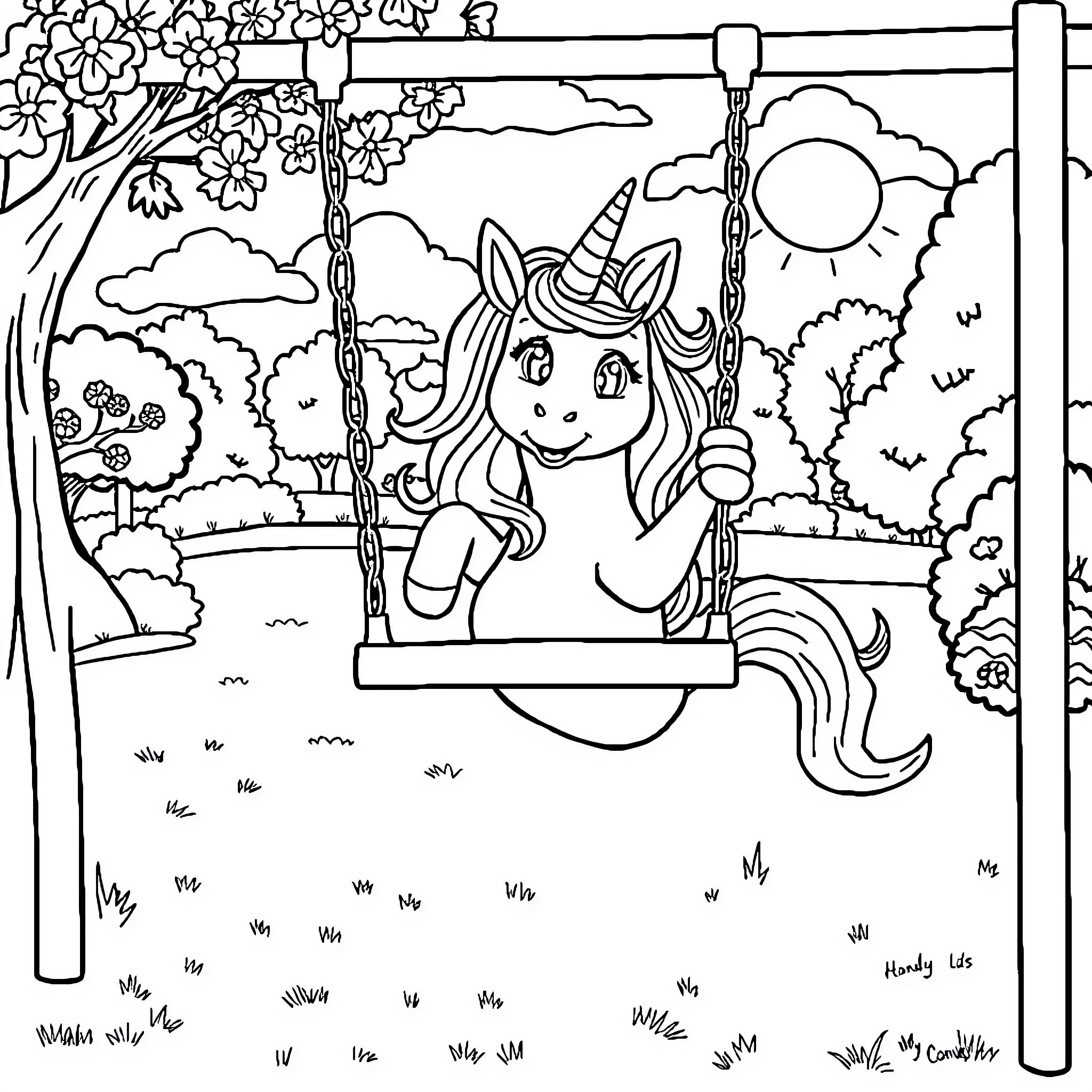 Unicorn Dog enjoying a swing in the garden Coloring Page (free black-and-white line drawing printable PDF for all, from beginners to advanced learners, including children, teens, adults, and seniors)