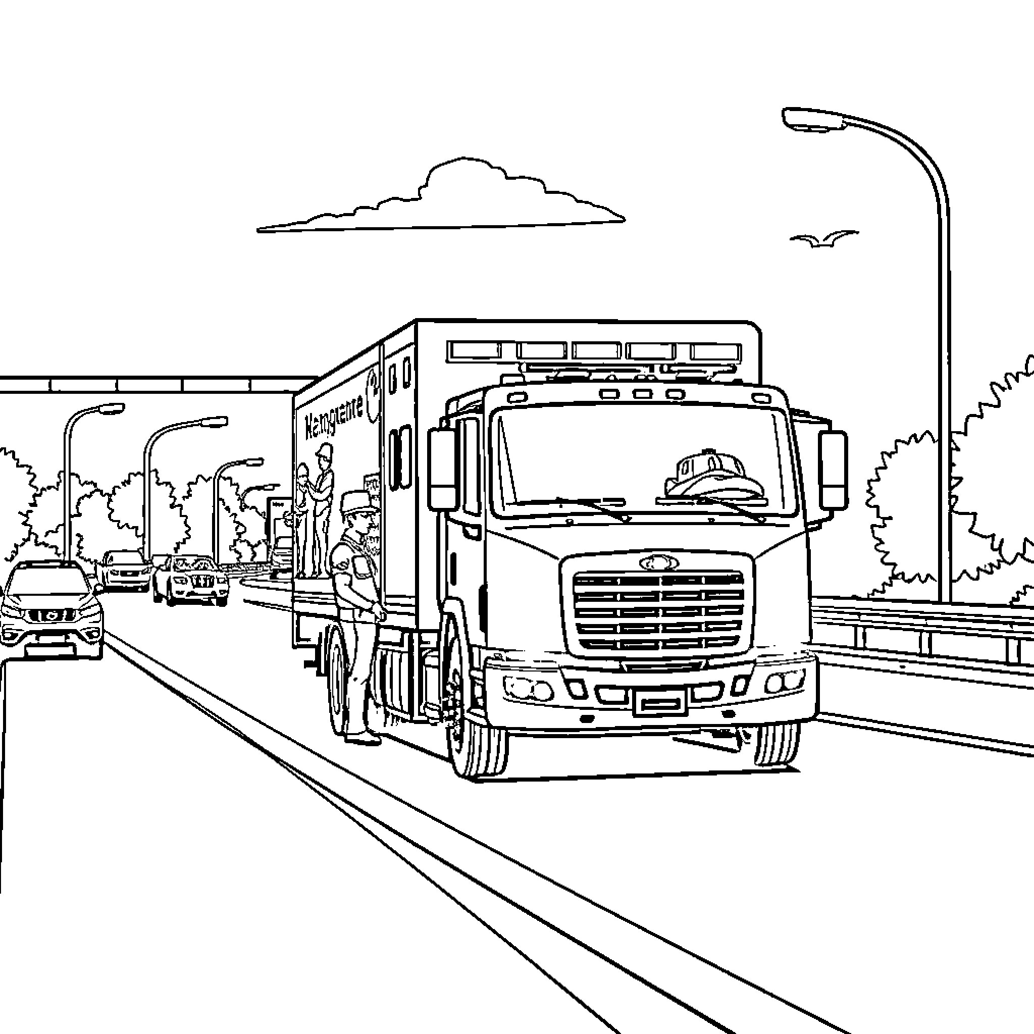 Maintenance Truck on the Busy Highway Coloring Page (free black-and-white line drawing printable PDF for all, from beginners to advanced learners, including children, teens, adults, and seniors)