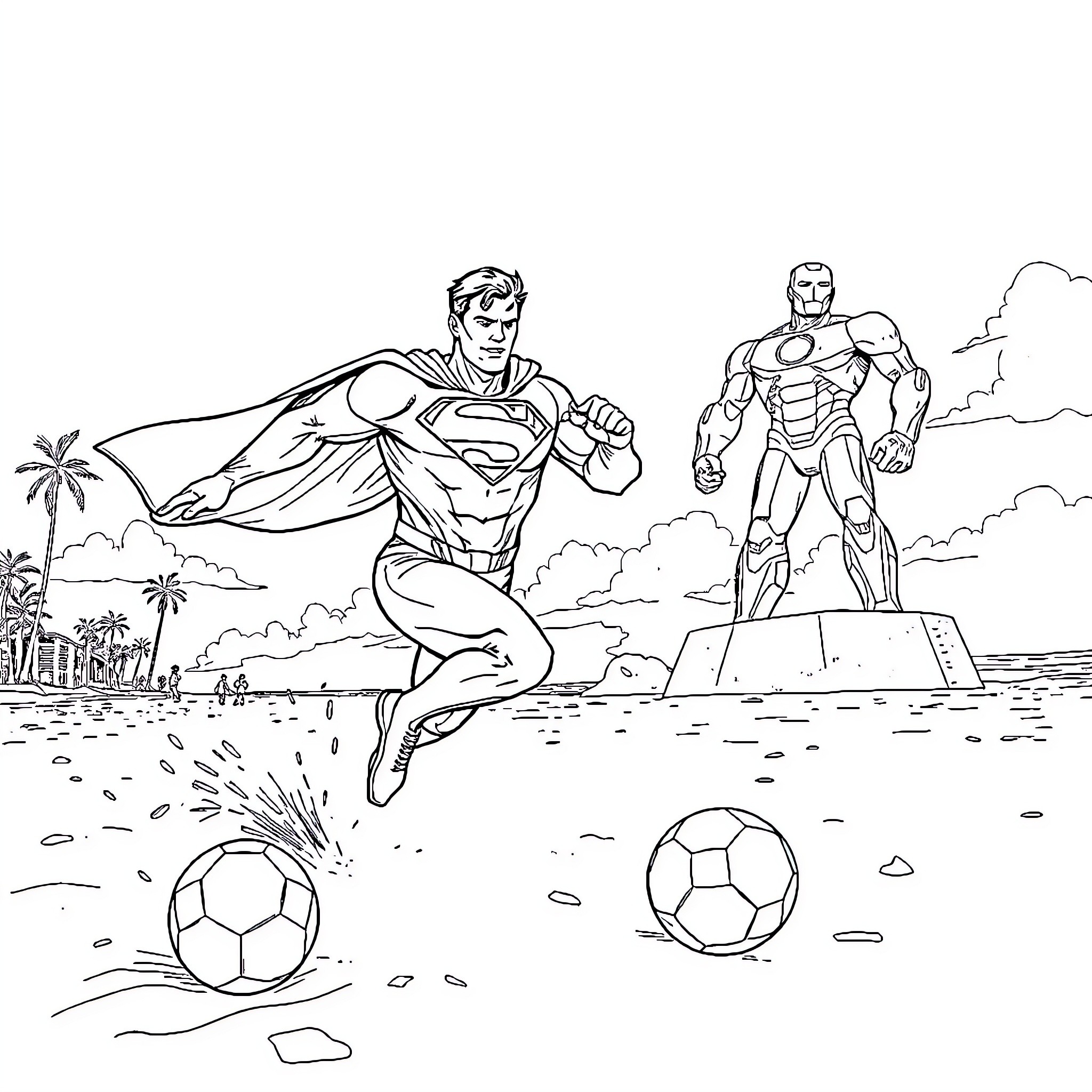 Superman playing football on the beach Coloring Page (free black-and-white line drawing printable PDF for all, from beginners to advanced learners, including children, teens, adults, and seniors)