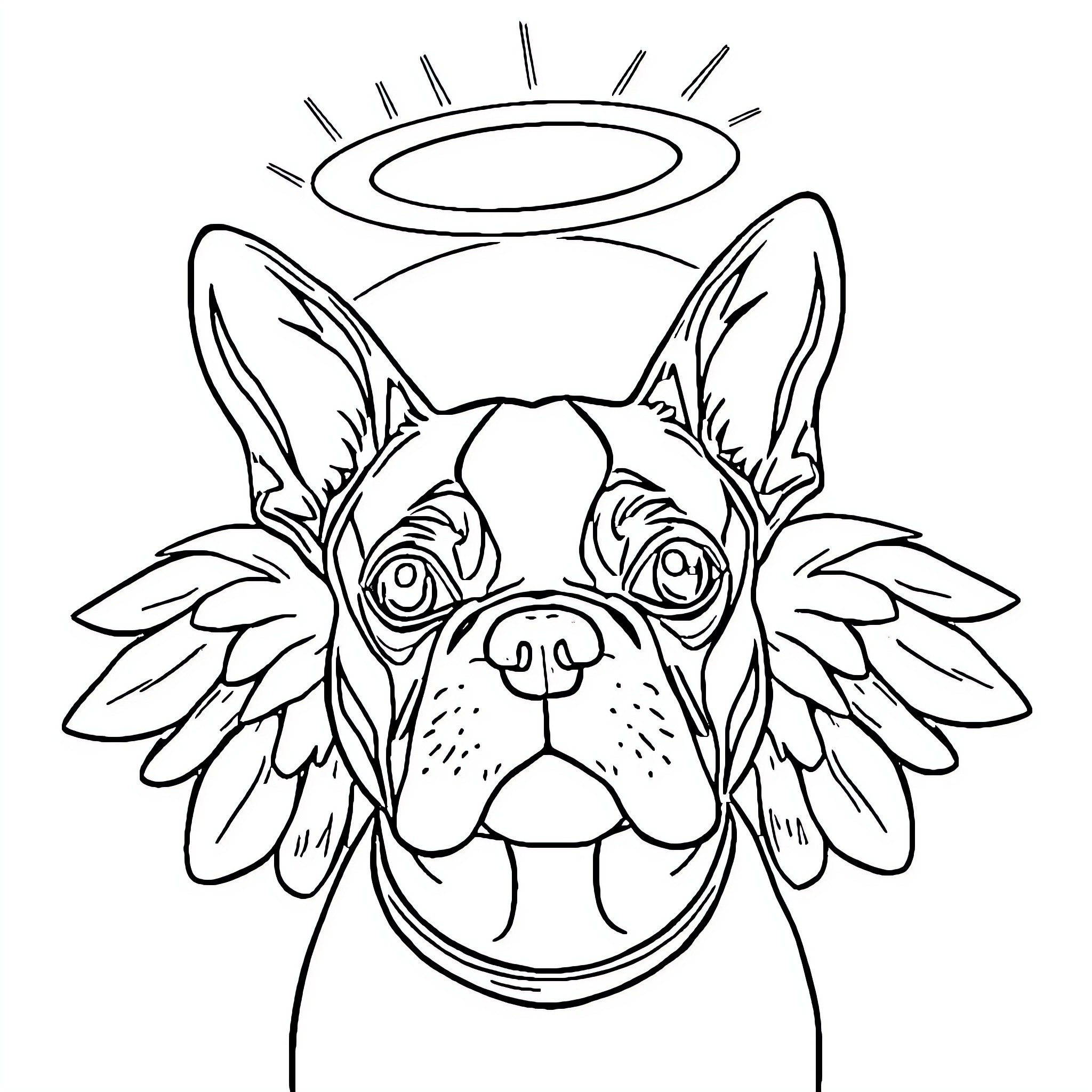 Boston Terrier with angelic wings and halo Coloring Page (free black-and-white line drawing printable PDF for all, from beginners to advanced learners, including children, teens, adults, and seniors)
