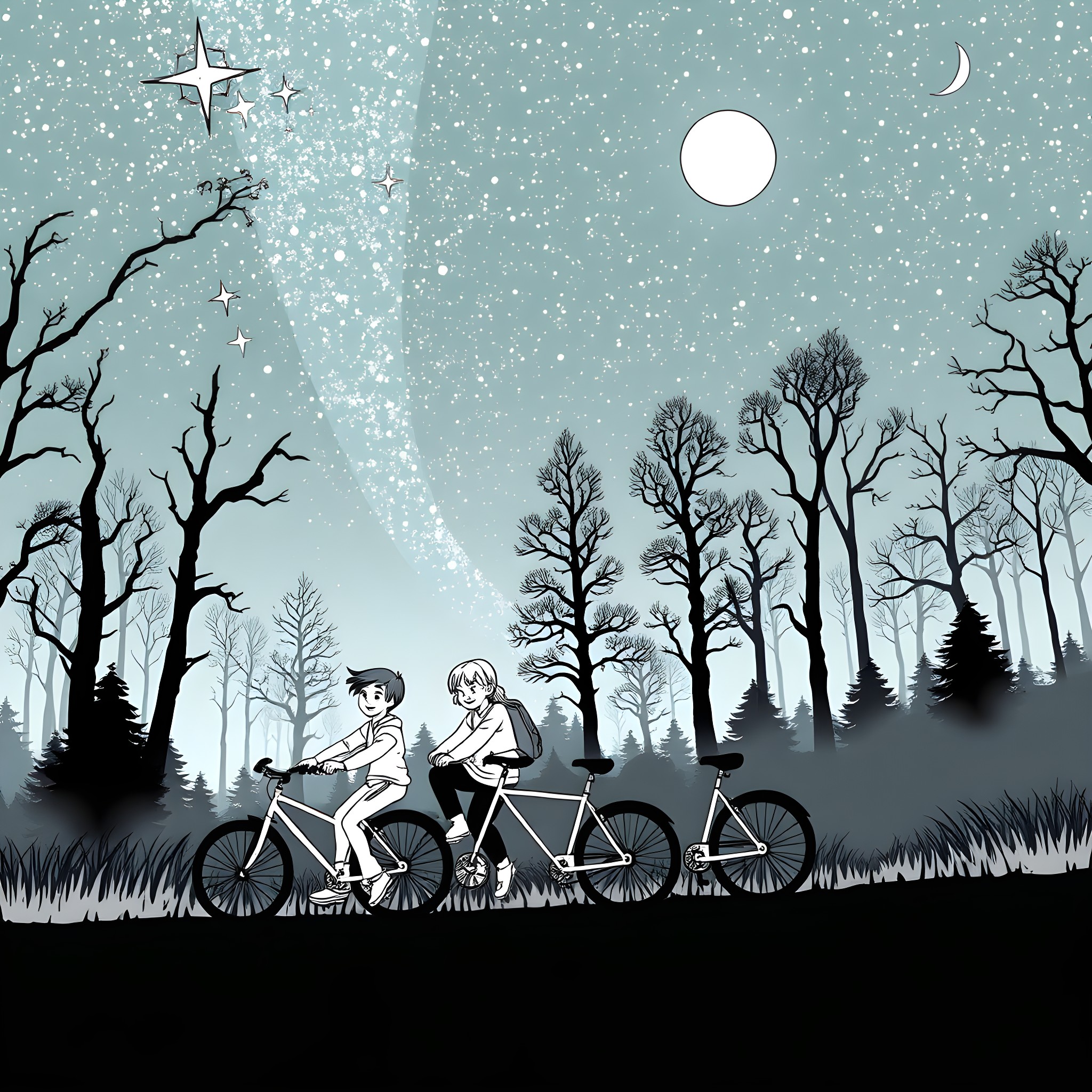Stranger Things: Nighttime Bicycle Adventure Coloring Page (free black-and-white line drawing printable PDF for all, from beginners to advanced learners, including children, teens, adults, and seniors)