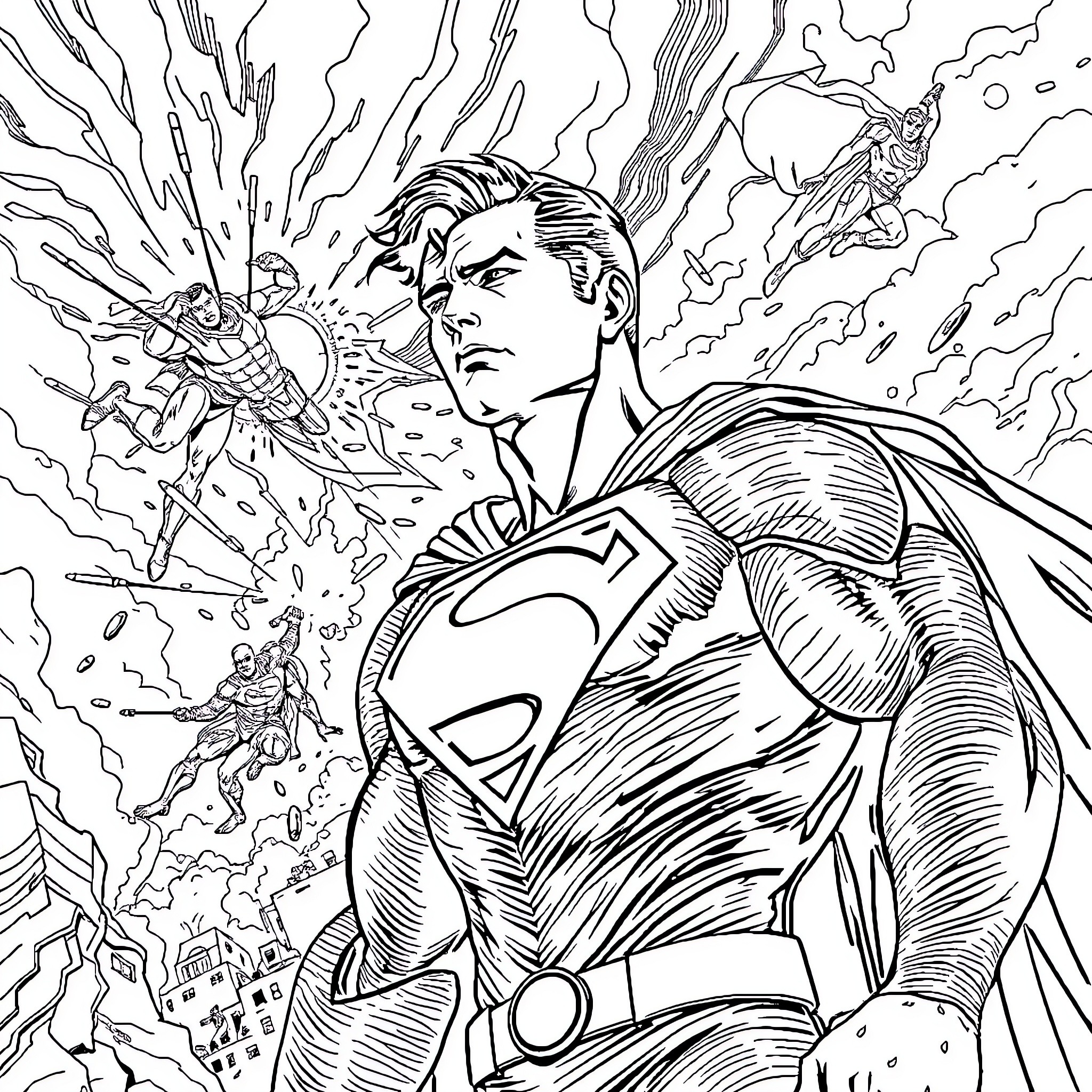 Superman battling villains with laser vision and super strength Coloring Page (free black-and-white line drawing printable PDF for all, from beginners to advanced learners, including children, teens, adults, and seniors)
