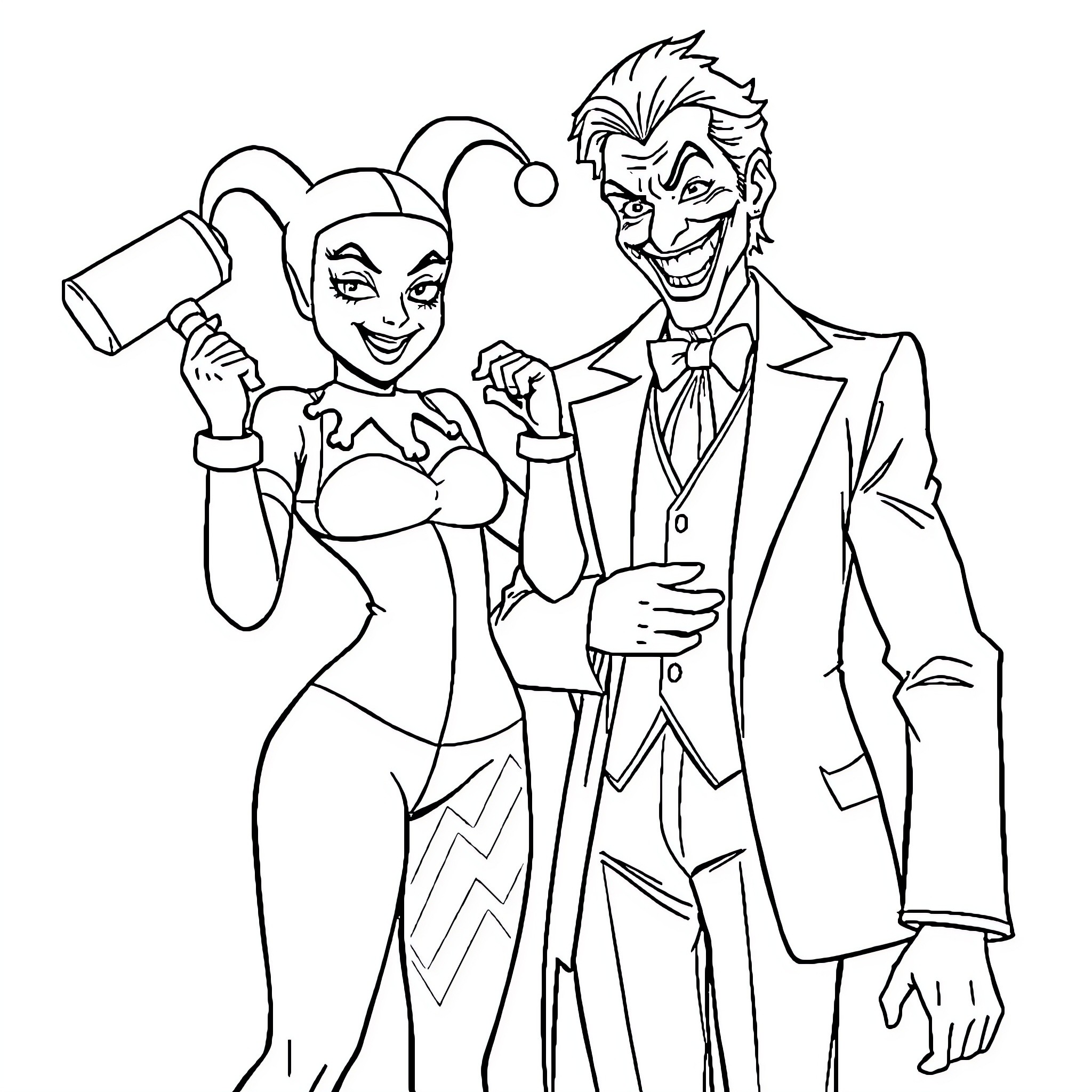 Harley Quinn and the Joker in a playful embrace Coloring Page (free black-and-white line drawing printable PDF for all, from beginners to advanced learners, including children, teens, adults, and seniors)