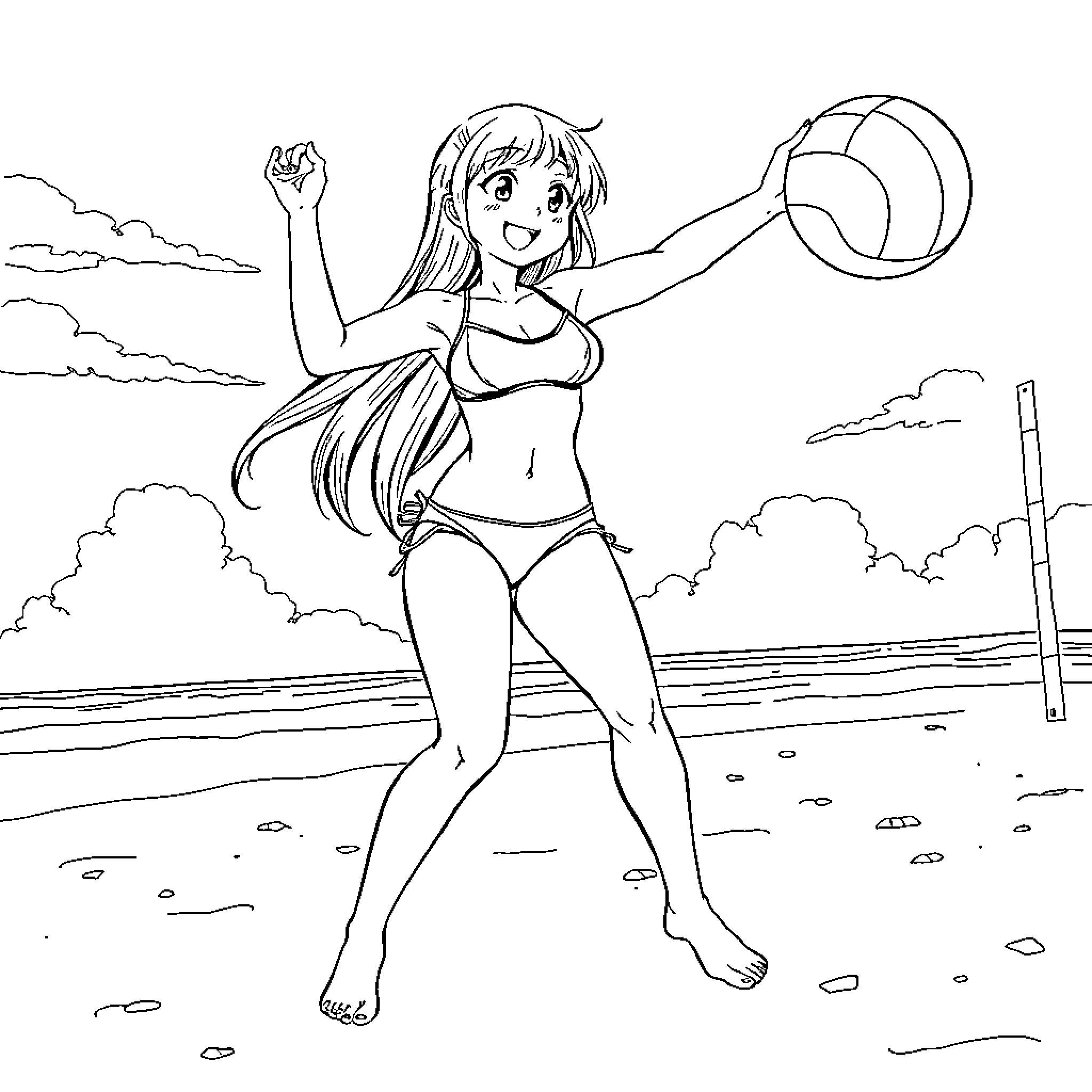 Woman playing volleyball on the beach Coloring Page (free black-and-white line drawing printable PDF for all, from beginners to advanced learners, including children, teens, adults, and seniors)