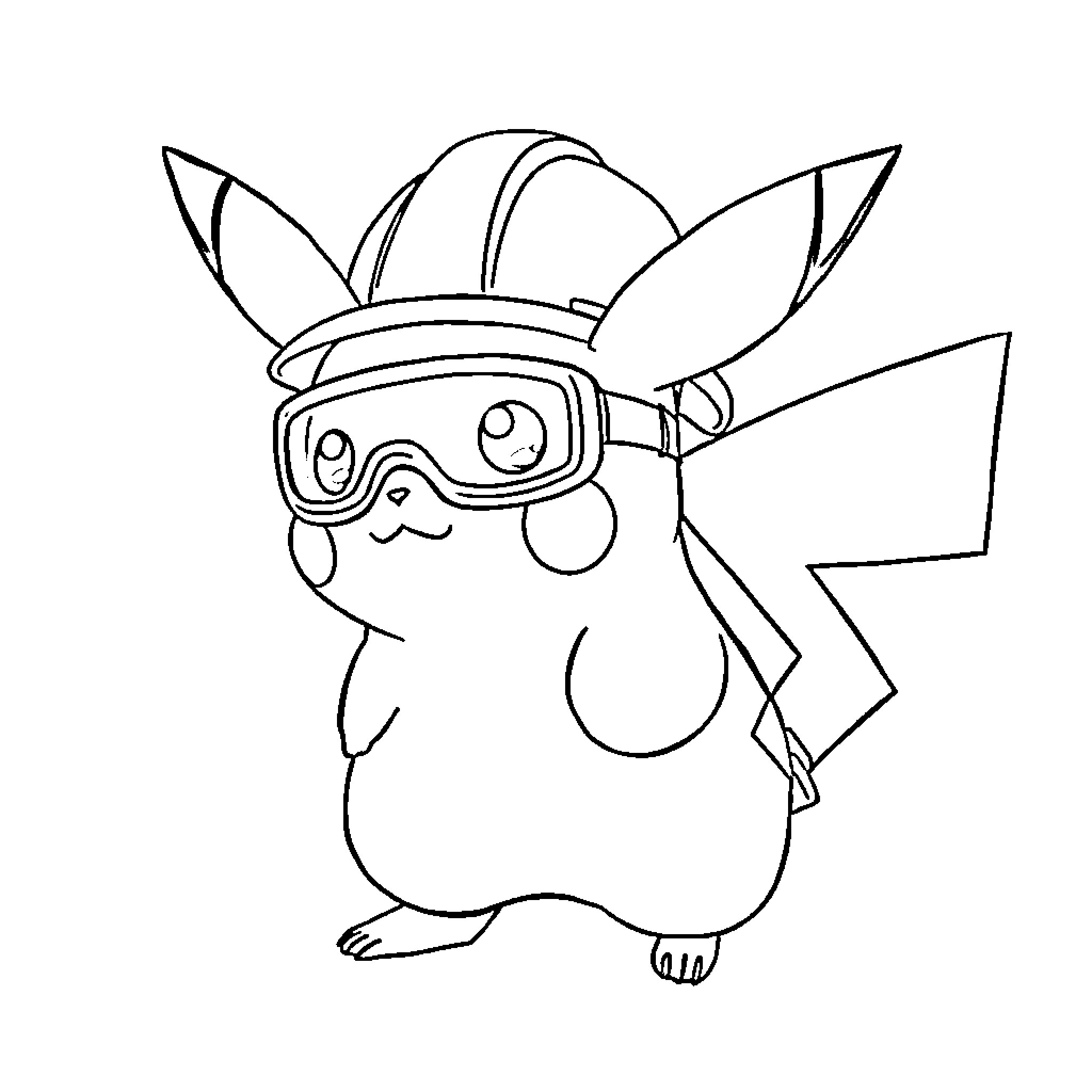 Pikachu wearing goggles and ready for adventure Coloring Page (free black-and-white line drawing printable PDF for all, from beginners to advanced learners, including children, teens, adults, and seniors)