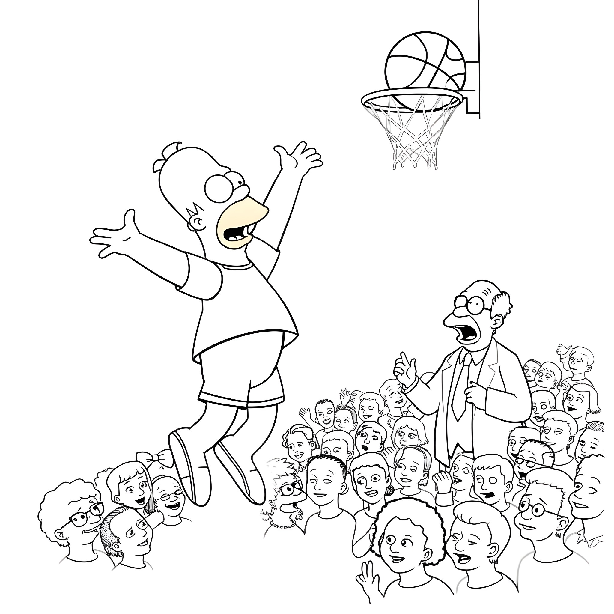 Homer Simpson playing basketball with a crowd watching Coloring Page (free black-and-white line drawing printable PDF for all, from beginners to advanced learners, including children, teens, adults, and seniors)