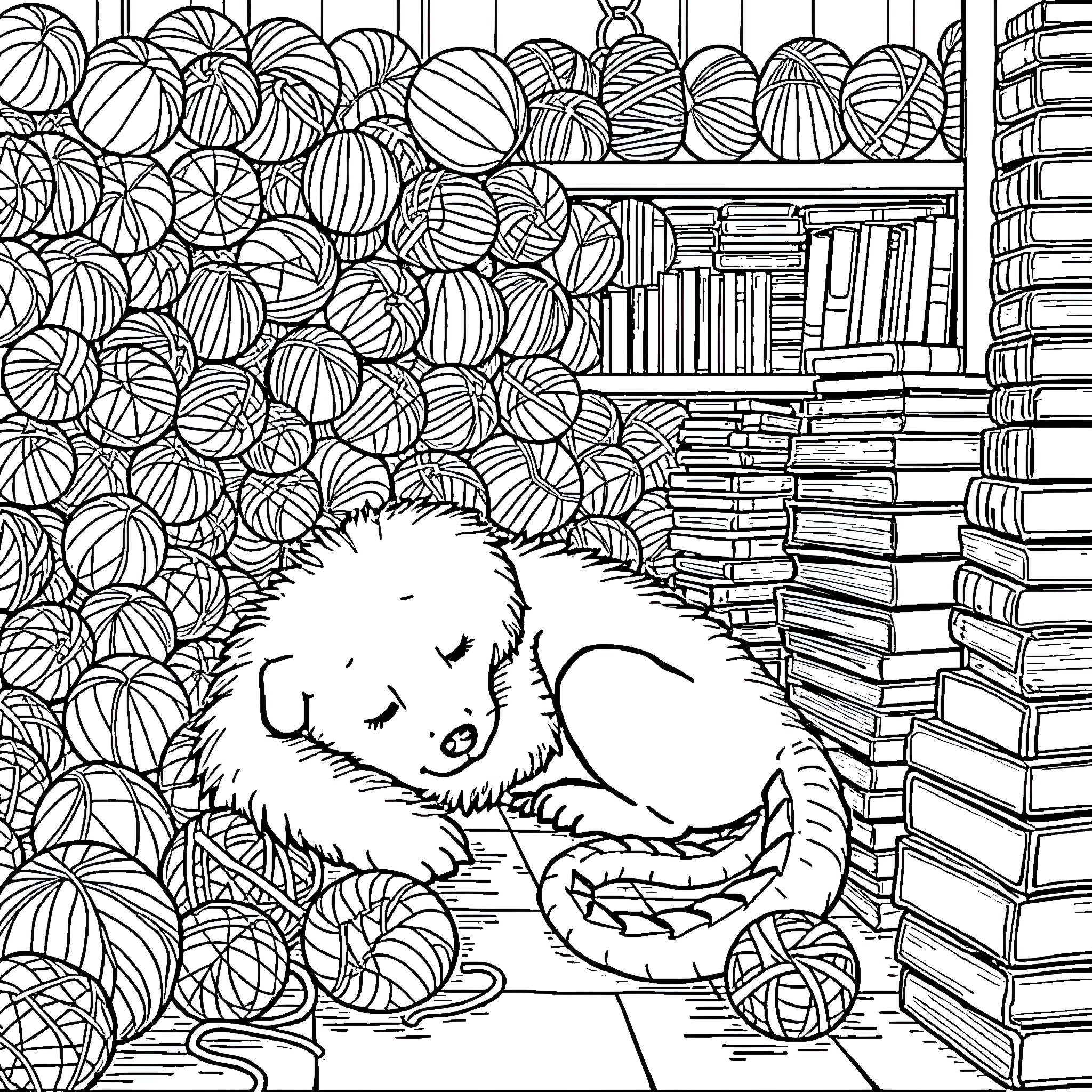 Yarn Pomeranians Napping Amongst Books Coloring Page (free black-and-white line drawing printable PDF for all, from beginners to advanced learners, including children, teens, adults, and seniors)