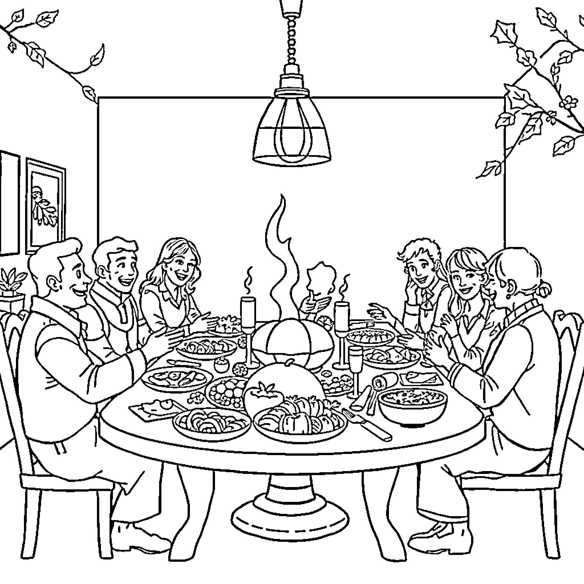 Thanksgiving Dinner with Lively Family and Festive Meal Coloring Page (free black-and-white line drawing printable PDF for all, from beginners to advanced learners, including children, teens, adults, and seniors)