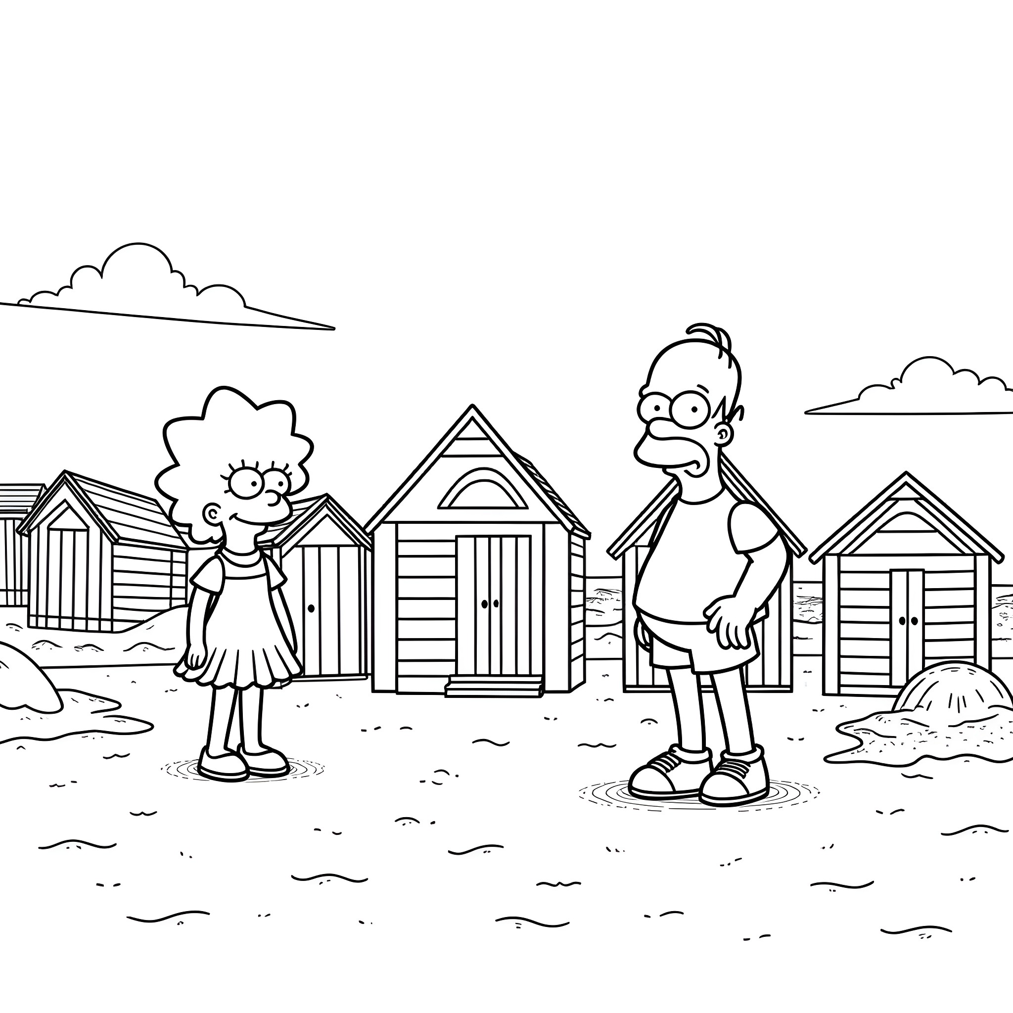 Simpsons characters in a beach setting Coloring Page (free black-and-white line drawing printable PDF for all, from beginners to advanced learners, including children, teens, adults, and seniors)
