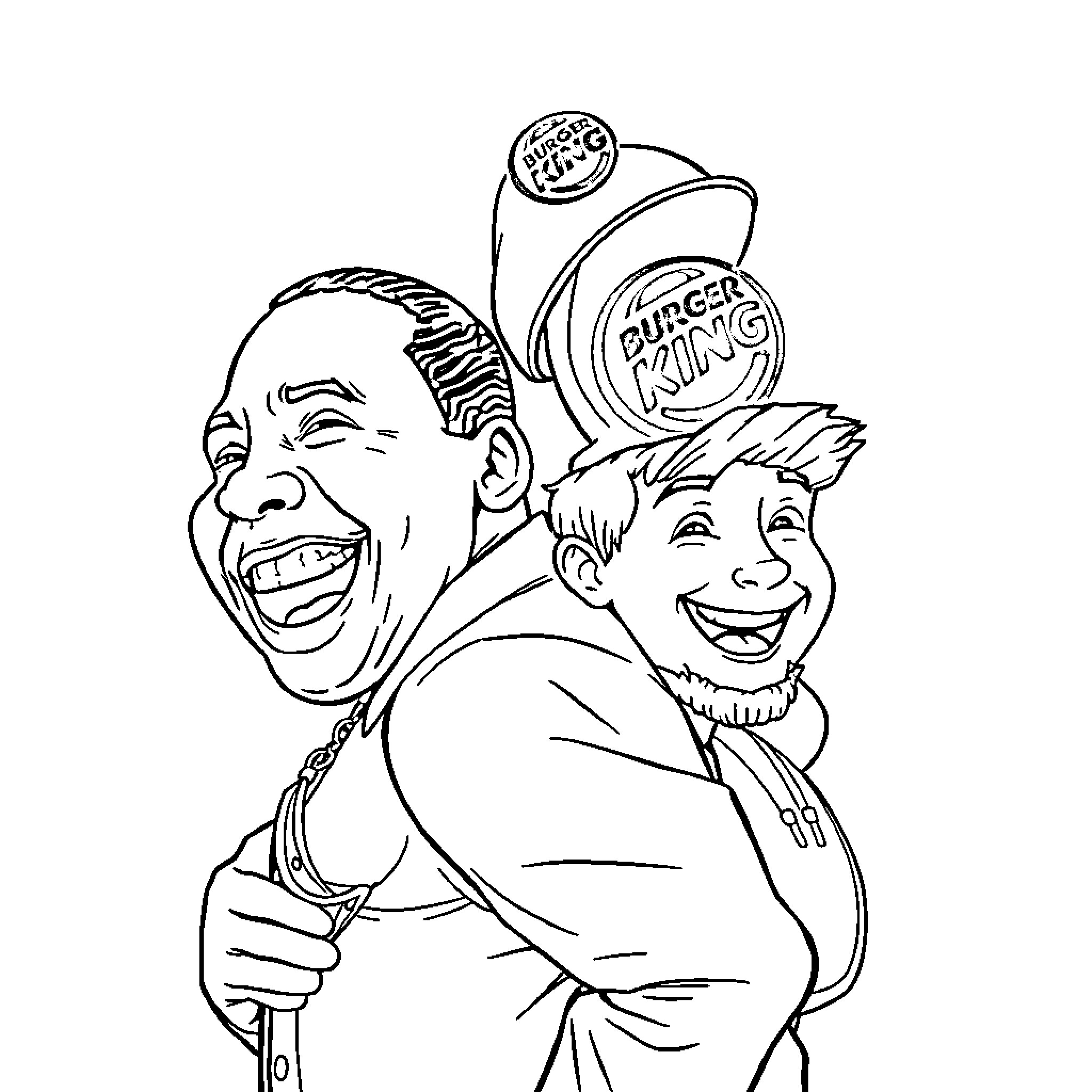 Martin Luther King and Burger King Joyfully Embrace Coloring Page (free black-and-white line drawing printable PDF for all, from beginners to advanced learners, including children, teens, adults, and seniors)