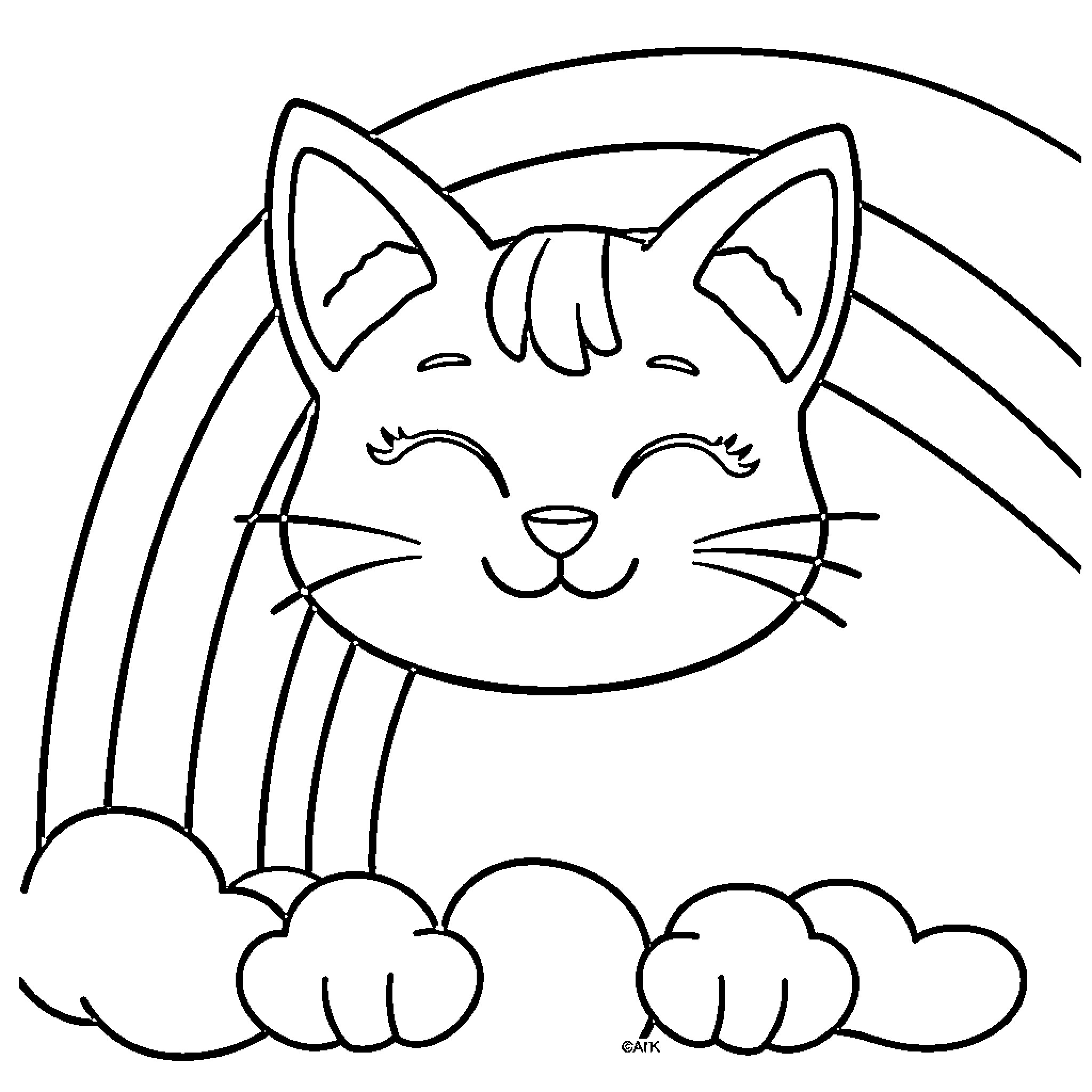Rainbow-Colored Feline Playful in the Clouds Coloring Page (free black-and-white line drawing printable PDF for all, from beginners to advanced learners, including children, teens, adults, and seniors)