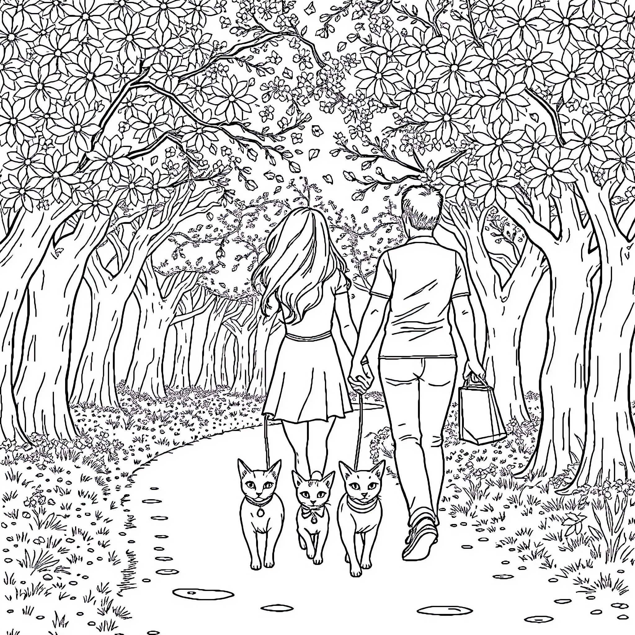 Pareja en un bosque con flores y gatos Coloring Page (free black-and-white line drawing printable PDF for all, from beginners to advanced learners, including children, teens, adults, and seniors)