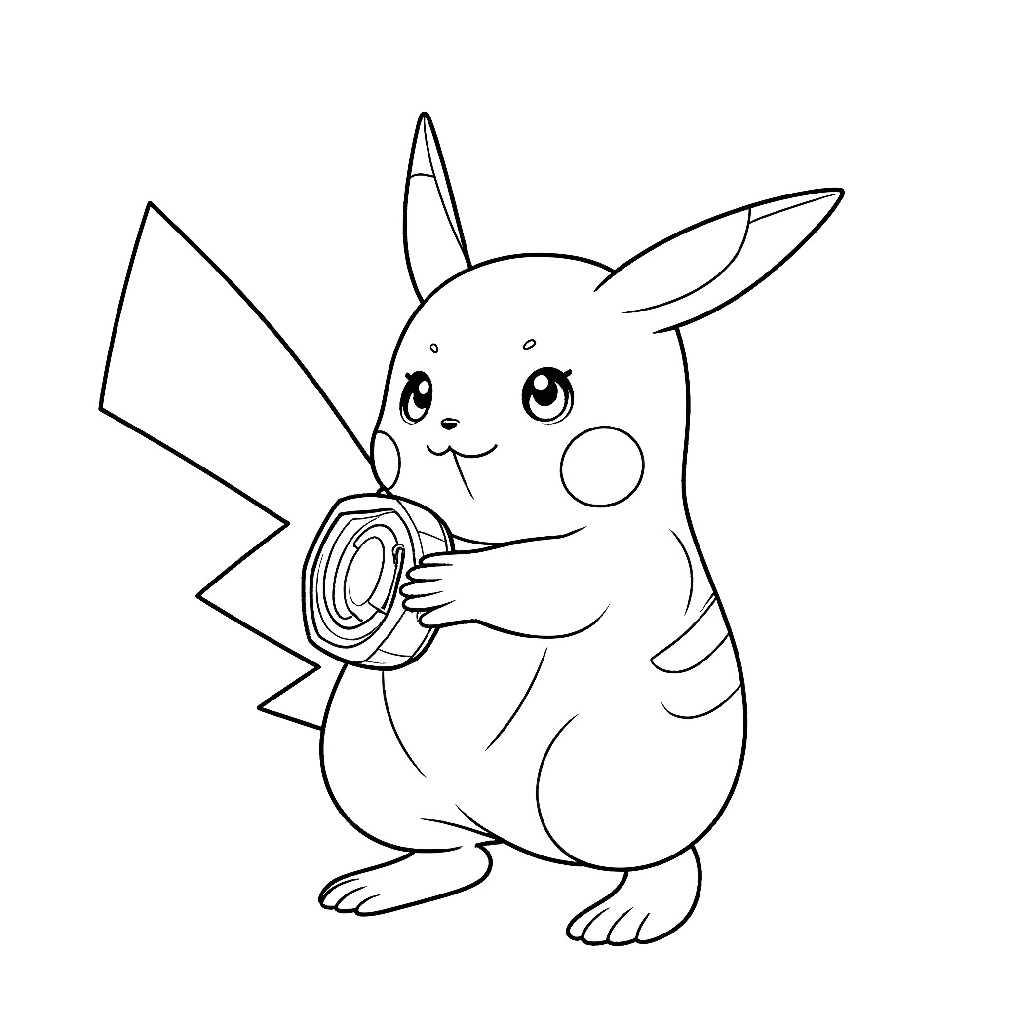 Pikachu holding a Pokeball Coloring Page (free black-and-white line drawing printable PDF for all, from beginners to advanced learners, including children, teens, adults, and seniors)