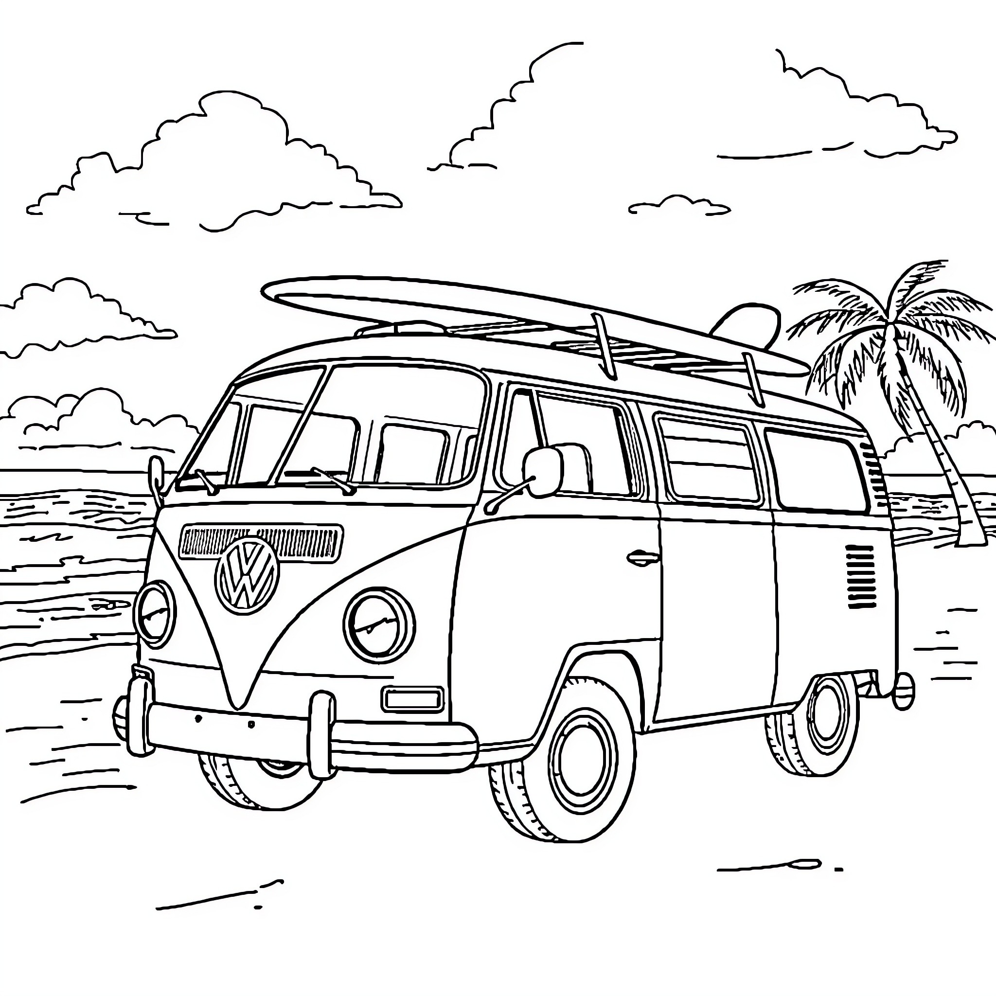 Volkswagen Bus on a tropical beach Coloring Page (free black-and-white line drawing printable PDF for all, from beginners to advanced learners, including children, teens, adults, and seniors)