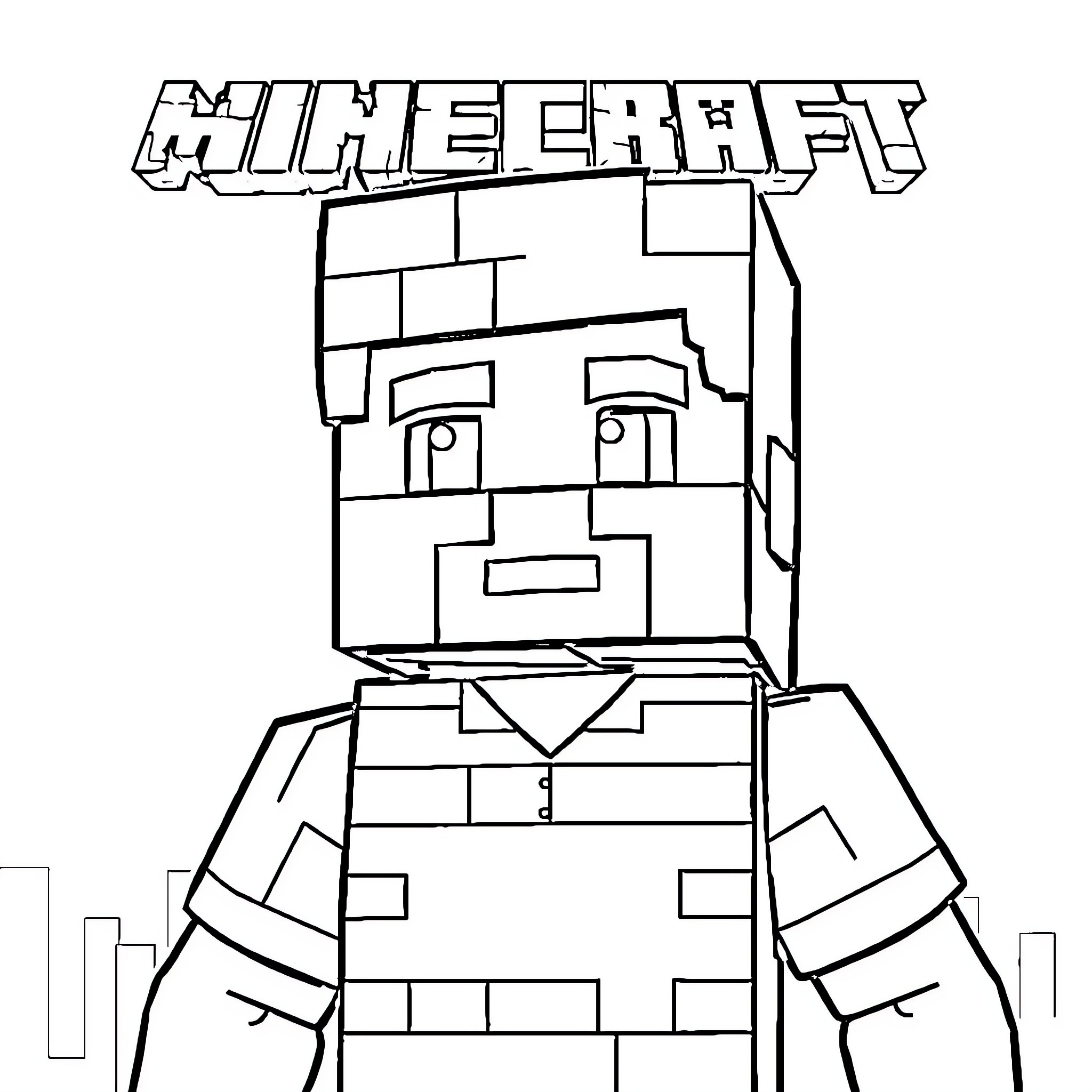 Steve's Minecraft Adventure Coloring Page (free black-and-white line drawing printable PDF for all, from beginners to advanced learners, including children, teens, adults, and seniors)