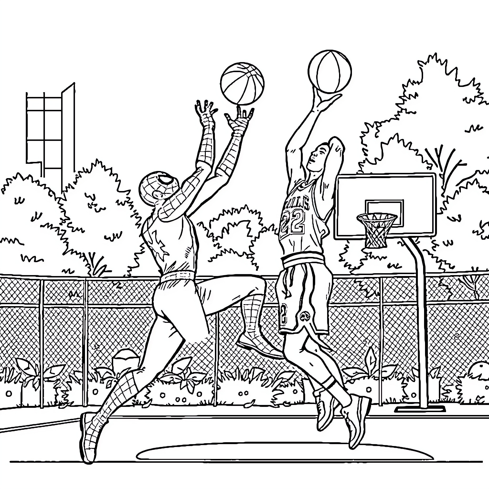 Spiderman playing basketball on the court Coloring Page (free black-and-white line drawing printable PDF for all, from beginners to advanced learners, including children, teens, adults, and seniors)