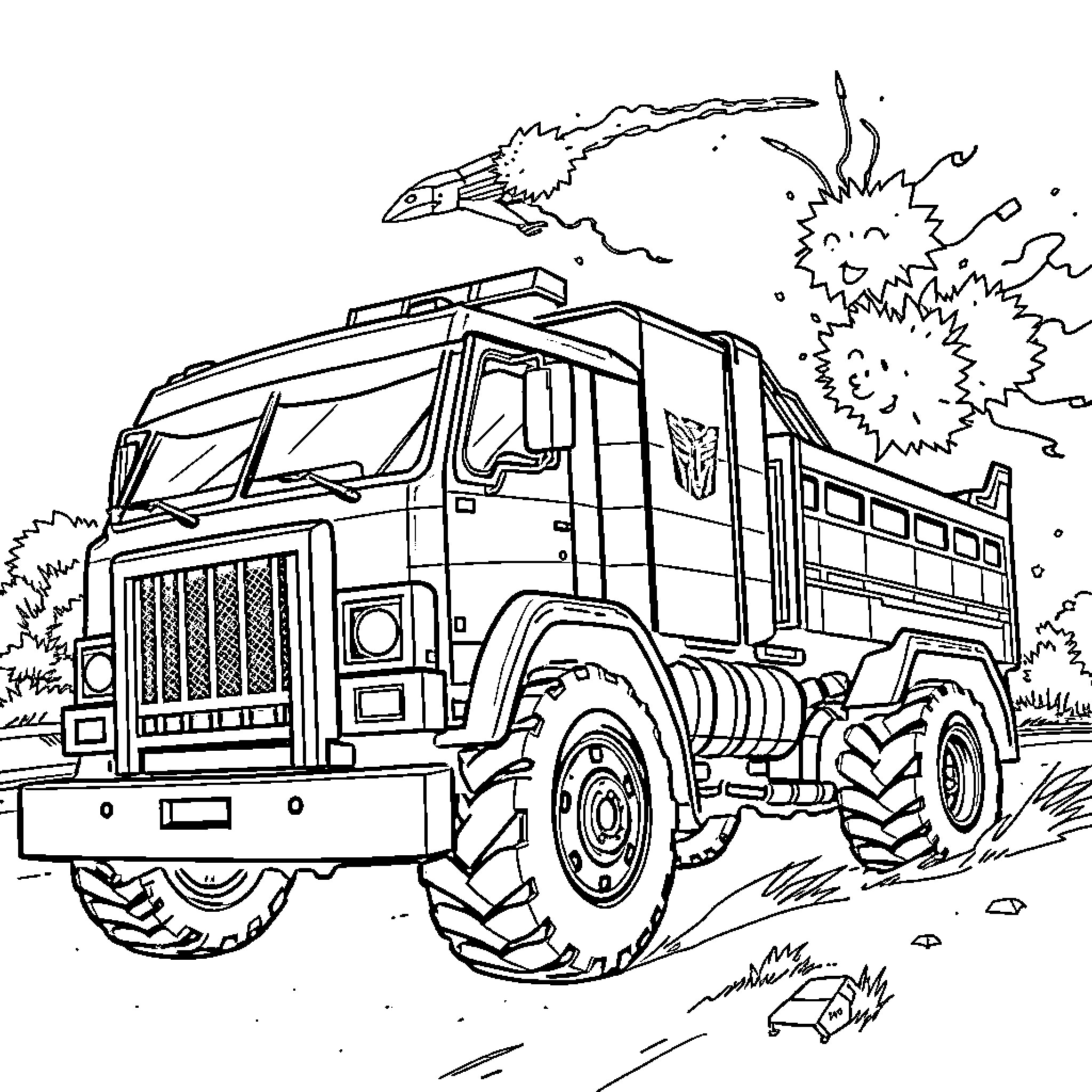 Police Truck driving through debris and smoke Coloring Page (free black-and-white line drawing printable PDF for all, from beginners to advanced learners, including children, teens, adults, and seniors)