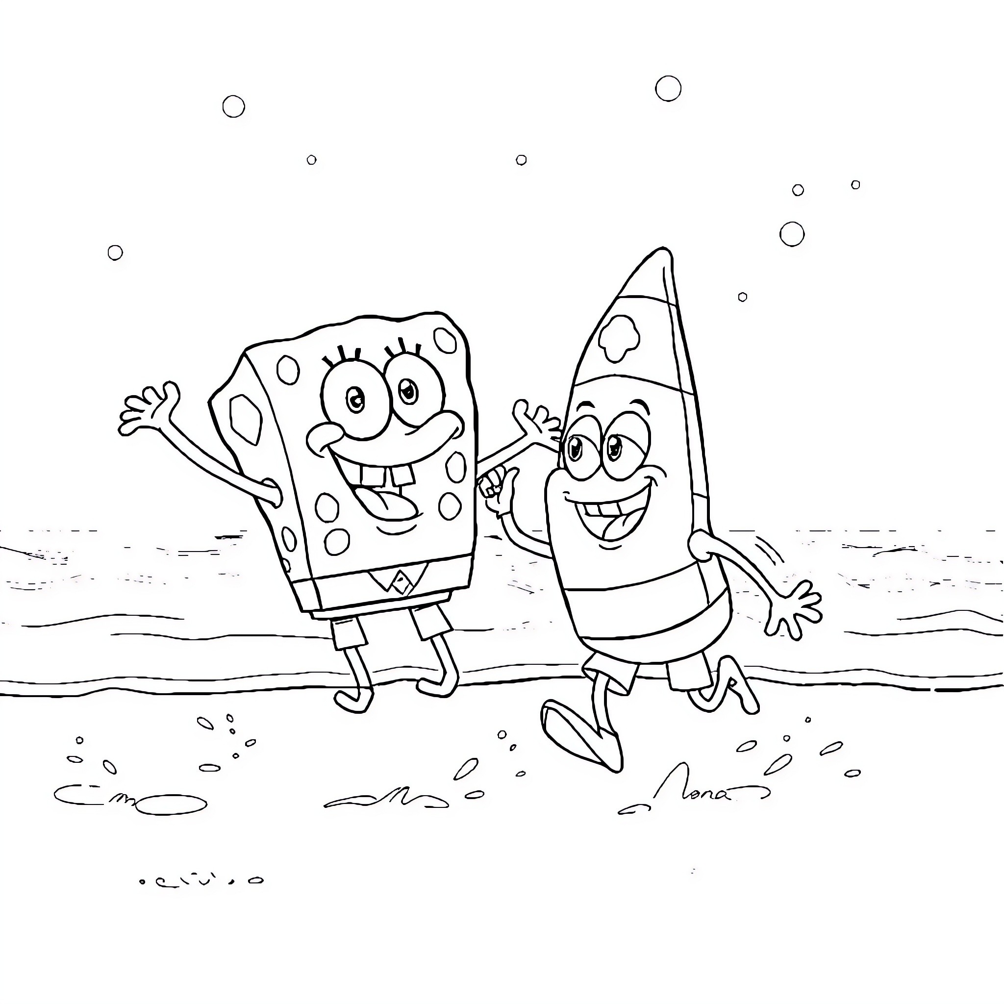 Bob esponja playing happily with Patrick on the beach Coloring Page (free black-and-white line drawing printable PDF for all, from beginners to advanced learners, including children, teens, adults, and seniors)