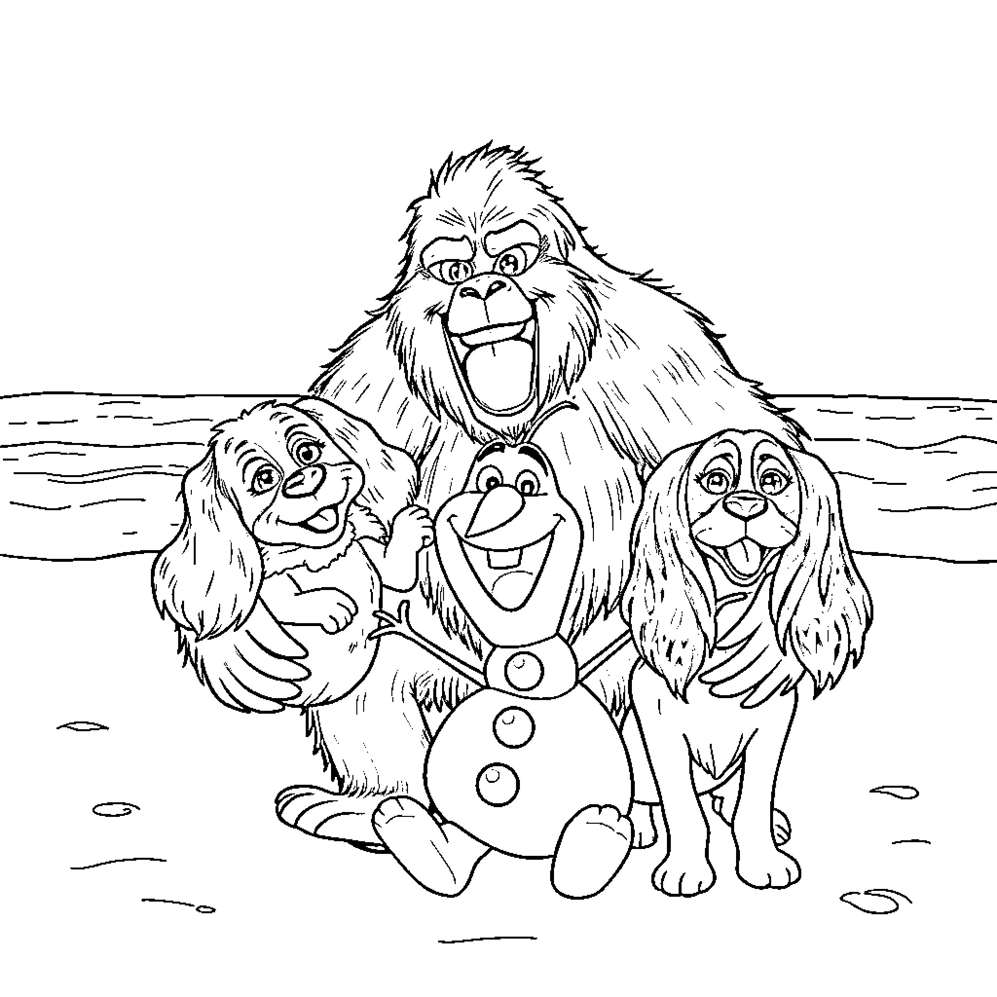 Sasquatch and friends enjoying a day at the beach Coloring Page (free black-and-white line drawing printable PDF for all, from beginners to advanced learners, including children, teens, adults, and seniors)