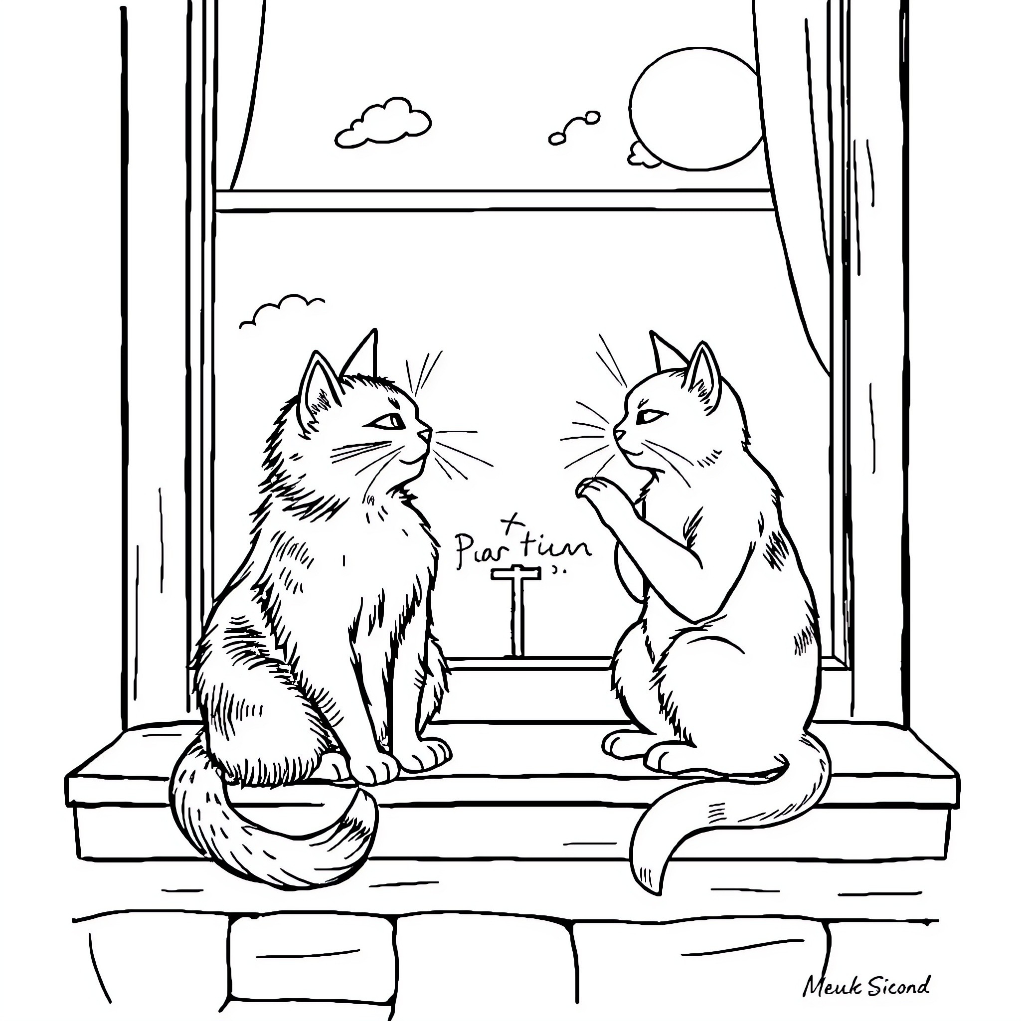 Cats playing together by the window Coloring Page (free black-and-white line drawing printable PDF for all, from beginners to advanced learners, including children, teens, adults, and seniors)