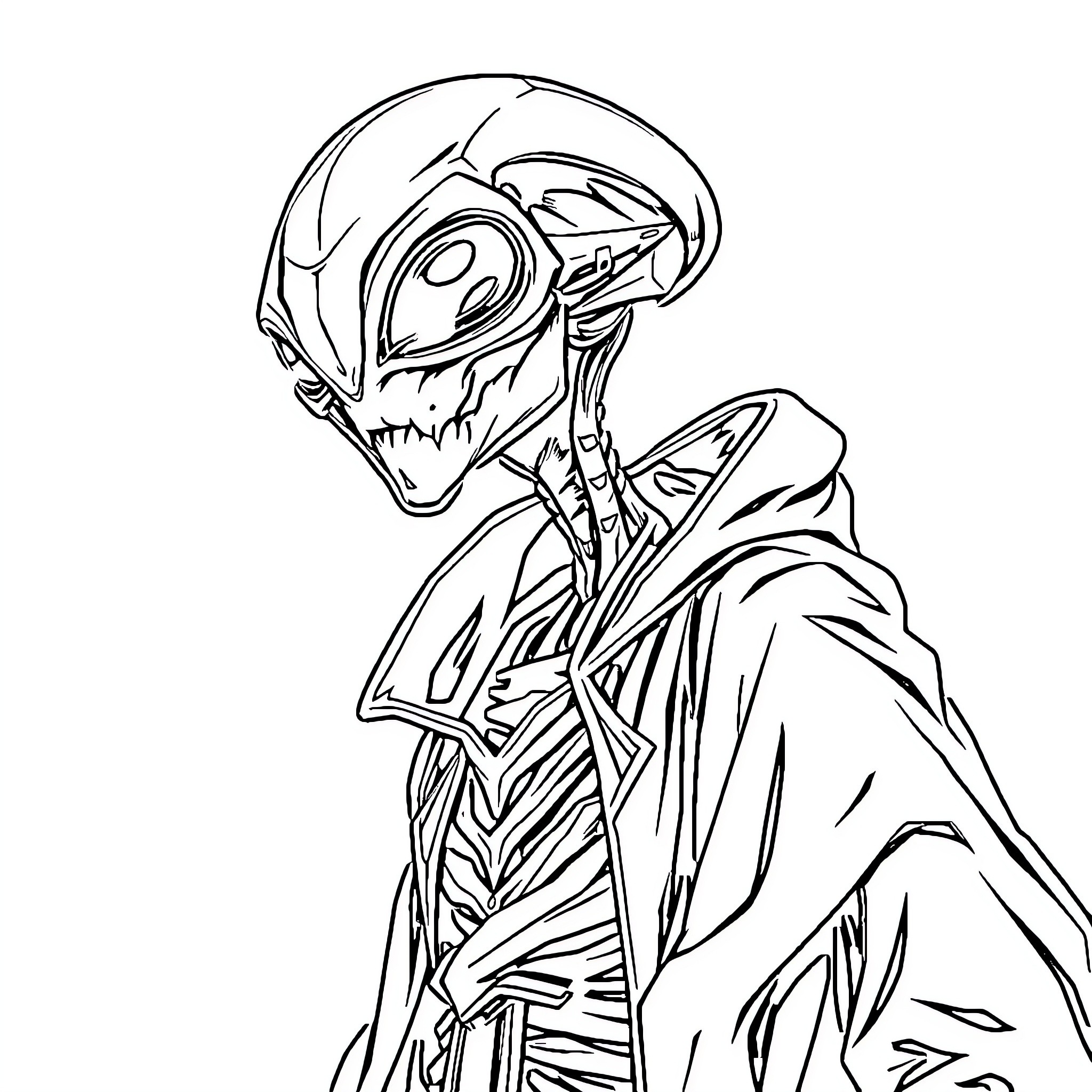 Alien creature in mysterious attire Coloring Page (free black-and-white line drawing printable PDF for all, from beginners to advanced learners, including children, teens, adults, and seniors)