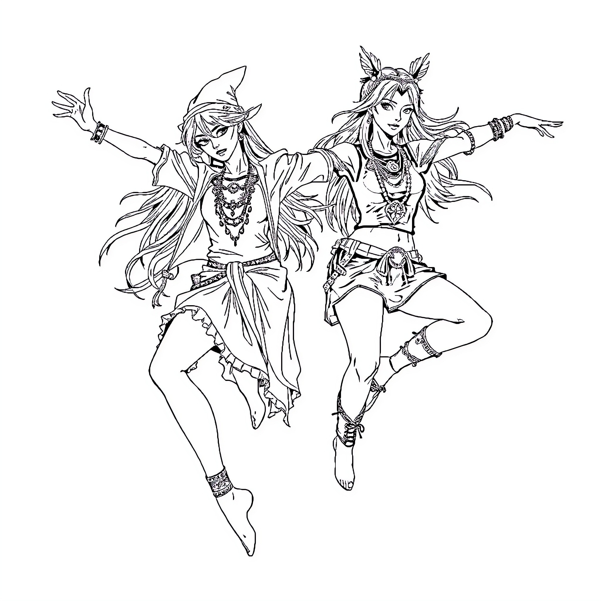 Women in vibrant, energetic dance poses Coloring Page (free black-and-white line drawing printable PDF for all, from beginners to advanced learners, including children, teens, adults, and seniors)