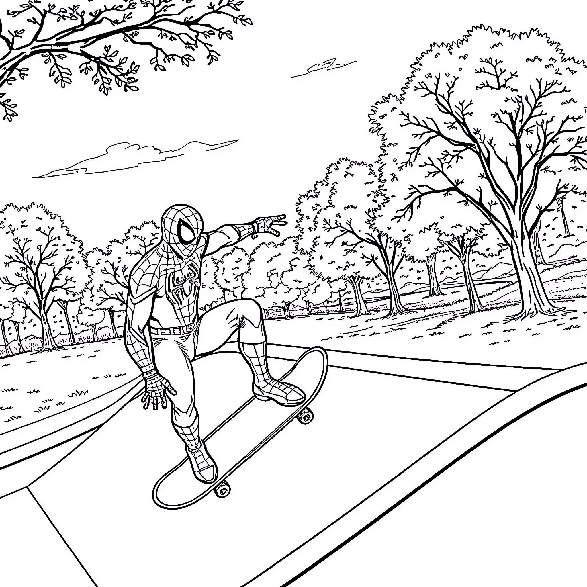 Spiderman skateboarding through the park Coloring Page (free black-and-white line drawing printable PDF for all, from beginners to advanced learners, including children, teens, adults, and seniors)