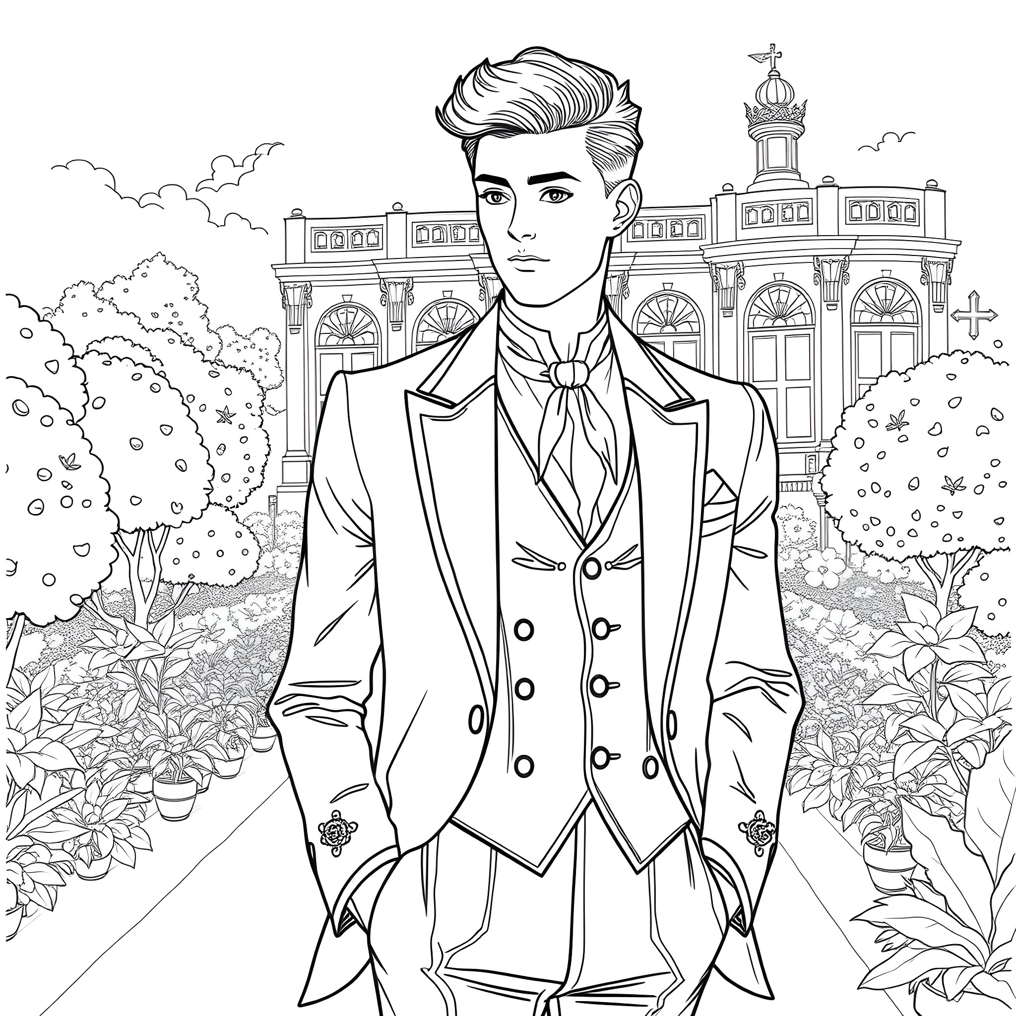 Beau's Elegant Stroll Through the Botanical Garden Coloring Page (free black-and-white line drawing printable PDF for all, from beginners to advanced learners, including children, teens, adults, and seniors)