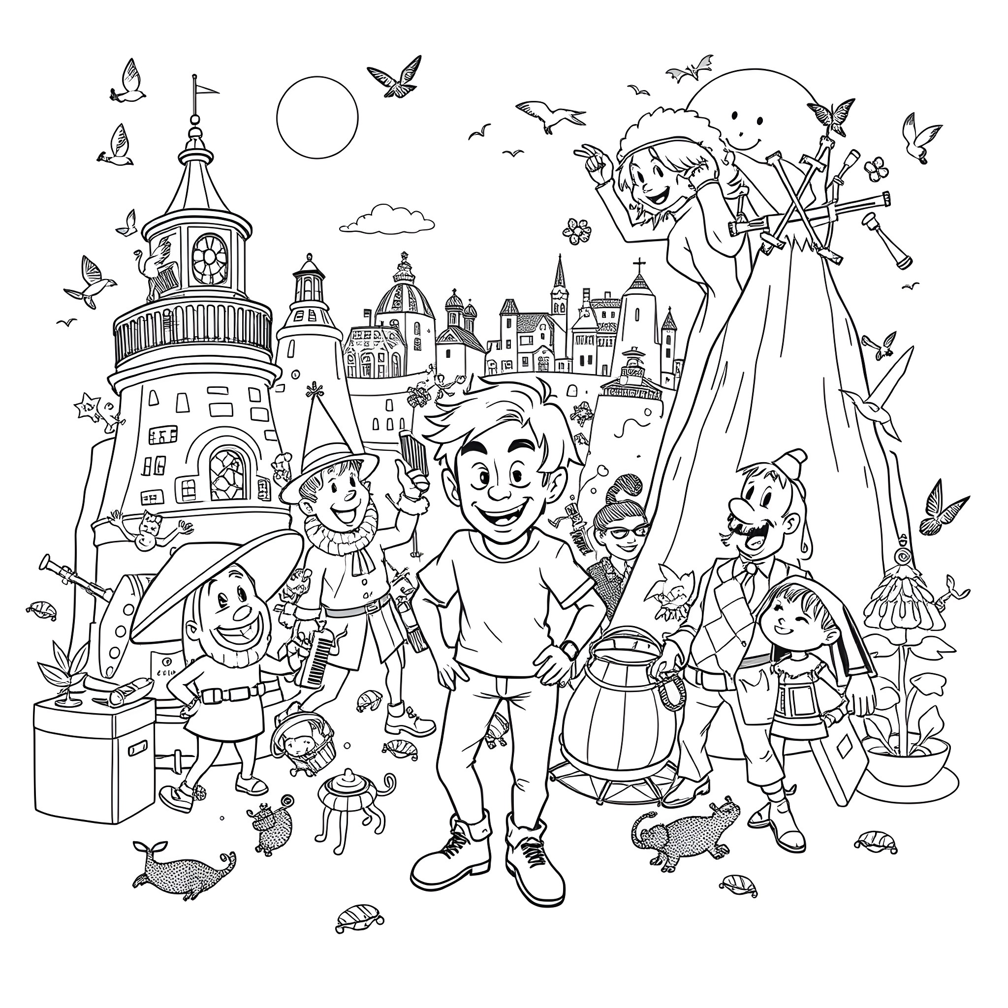 Tintin and Friends Explore a Whimsical Town Coloring Page (free black-and-white line drawing printable PDF for all, from beginners to advanced learners, including children, teens, adults, and seniors)