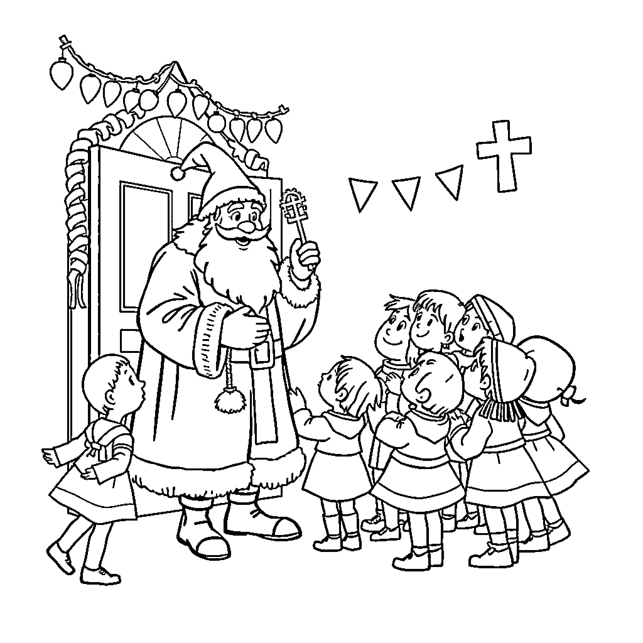 Sinterklaas greeting children in traditional attire Coloring Page (free black-and-white line drawing printable PDF for all, from beginners to advanced learners, including children, teens, adults, and seniors)