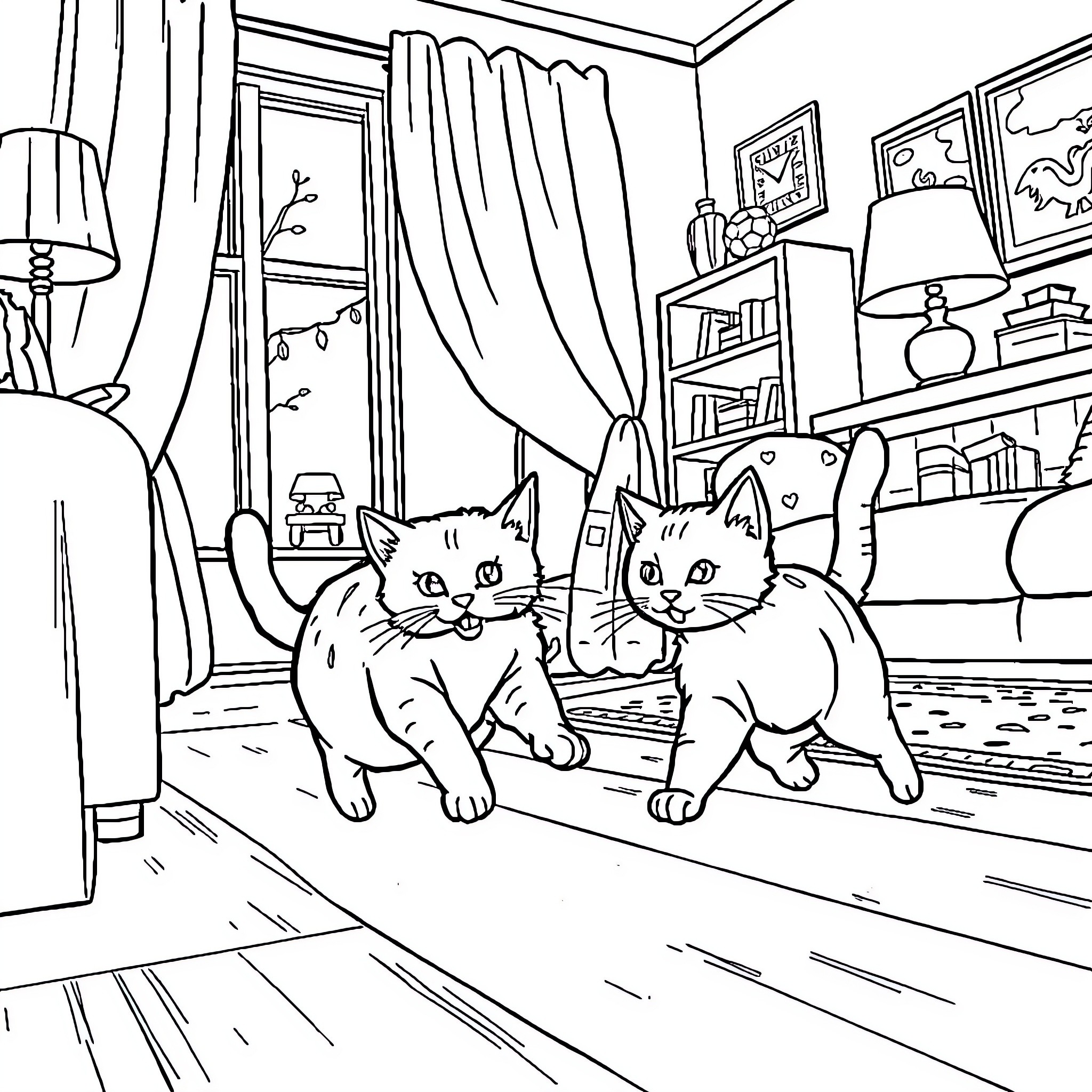 Cat companions relaxing in a cozy indoor scene Coloring Page (free black-and-white line drawing printable PDF for all, from beginners to advanced learners, including children, teens, adults, and seniors)