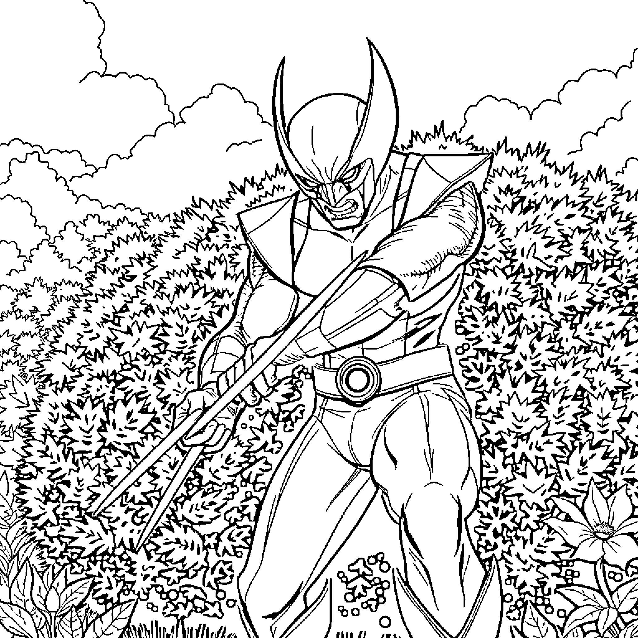 Wolverine clawing through the overgrown forest Coloring Page (free black-and-white line drawing printable PDF for all, from beginners to advanced learners, including children, teens, adults, and seniors)