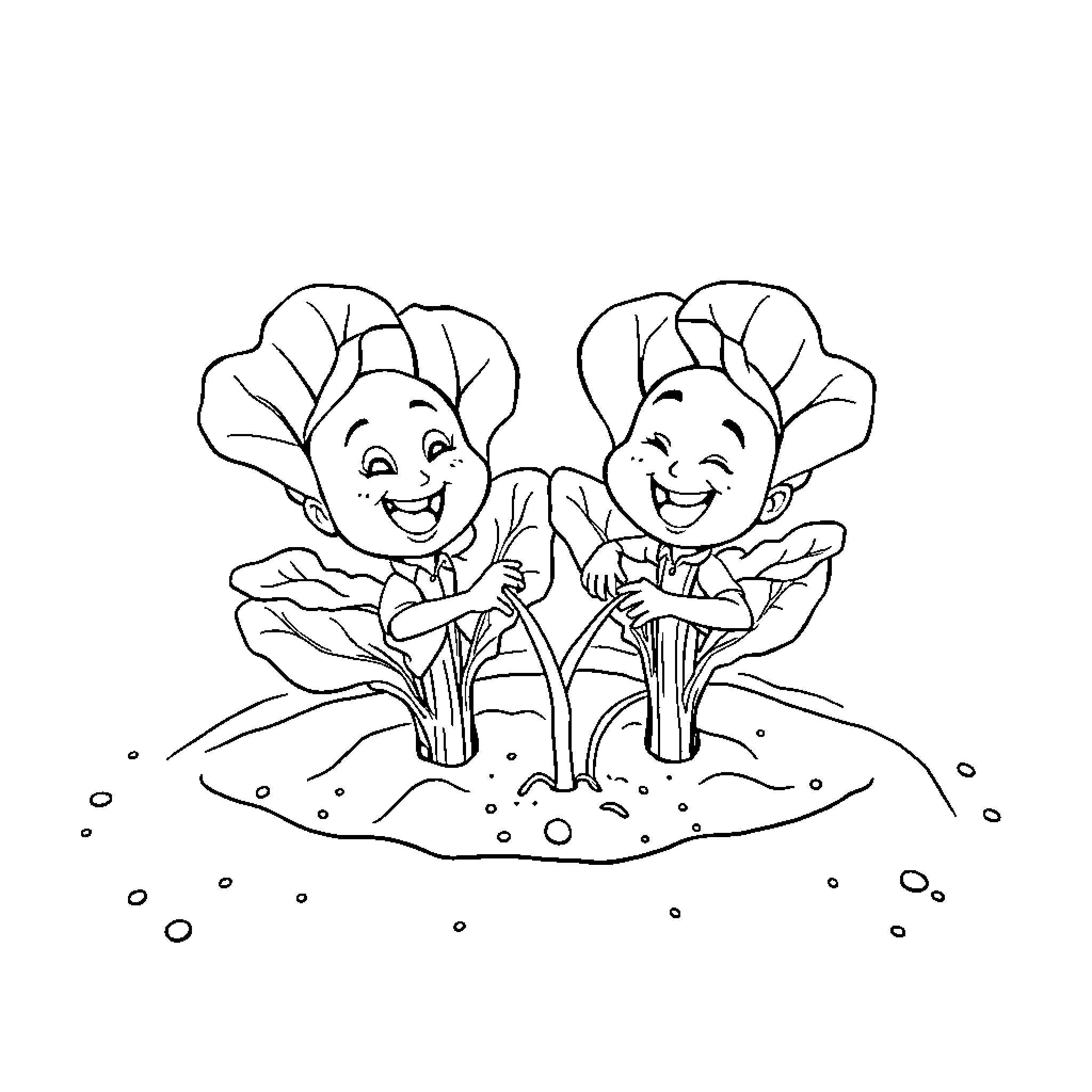 Lettuce characters playing happily in the garden Coloring Page (free black-and-white line drawing printable PDF for all, from beginners to advanced learners, including children, teens, adults, and seniors)