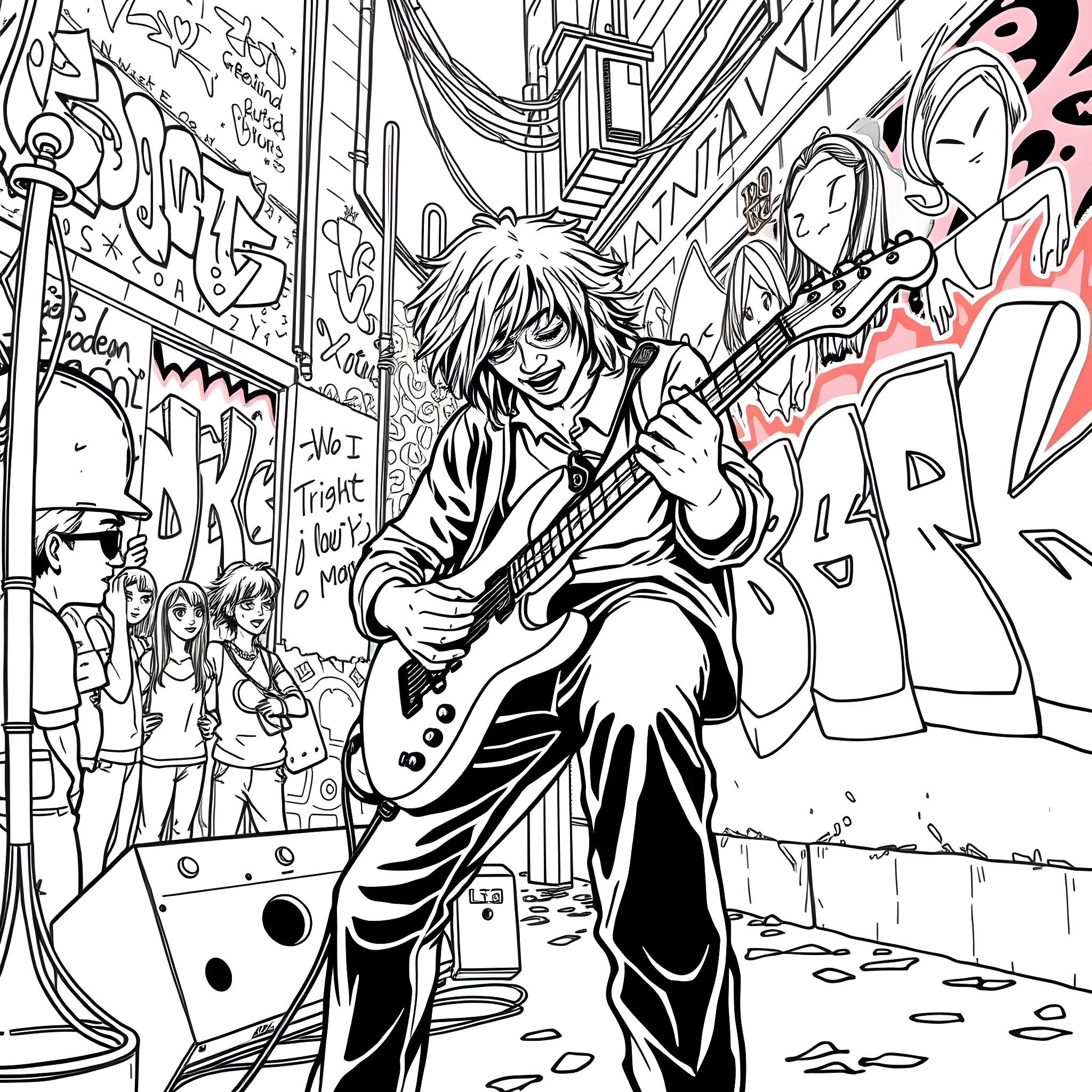 Guitarist playing against graffiti-covered walls Coloring Page (free black-and-white line drawing printable PDF for all, from beginners to advanced learners, including children, teens, adults, and seniors)