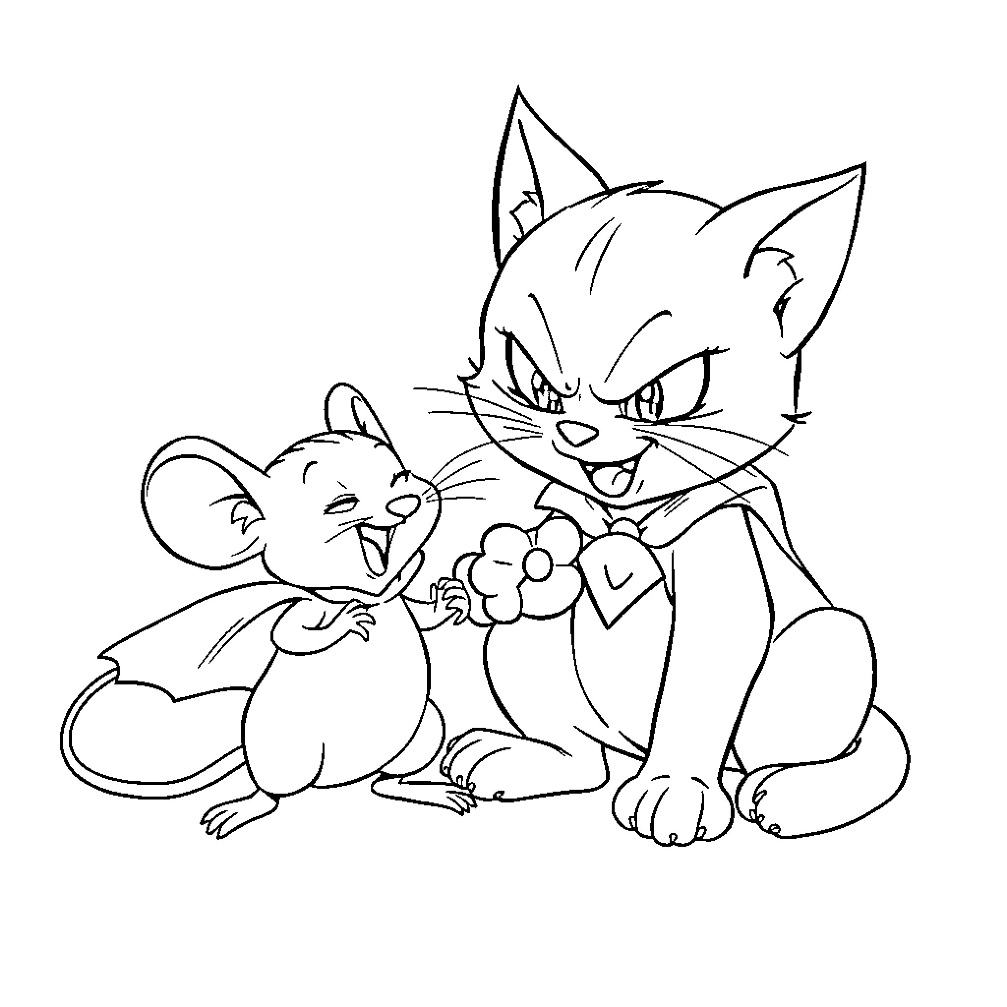 Cat and mouse playing together Coloring Page (free black-and-white line drawing printable PDF for all, from beginners to advanced learners, including children, teens, adults, and seniors)