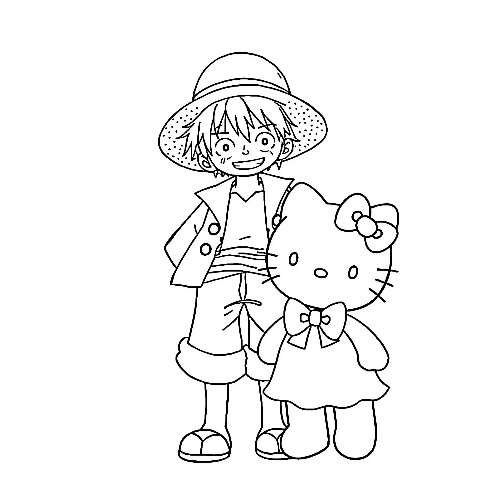 One Piece Character in Friendly Pose with Plush Toy Coloring Page (free black-and-white line drawing printable PDF for all, from beginners to advanced learners, including children, teens, adults, and seniors)