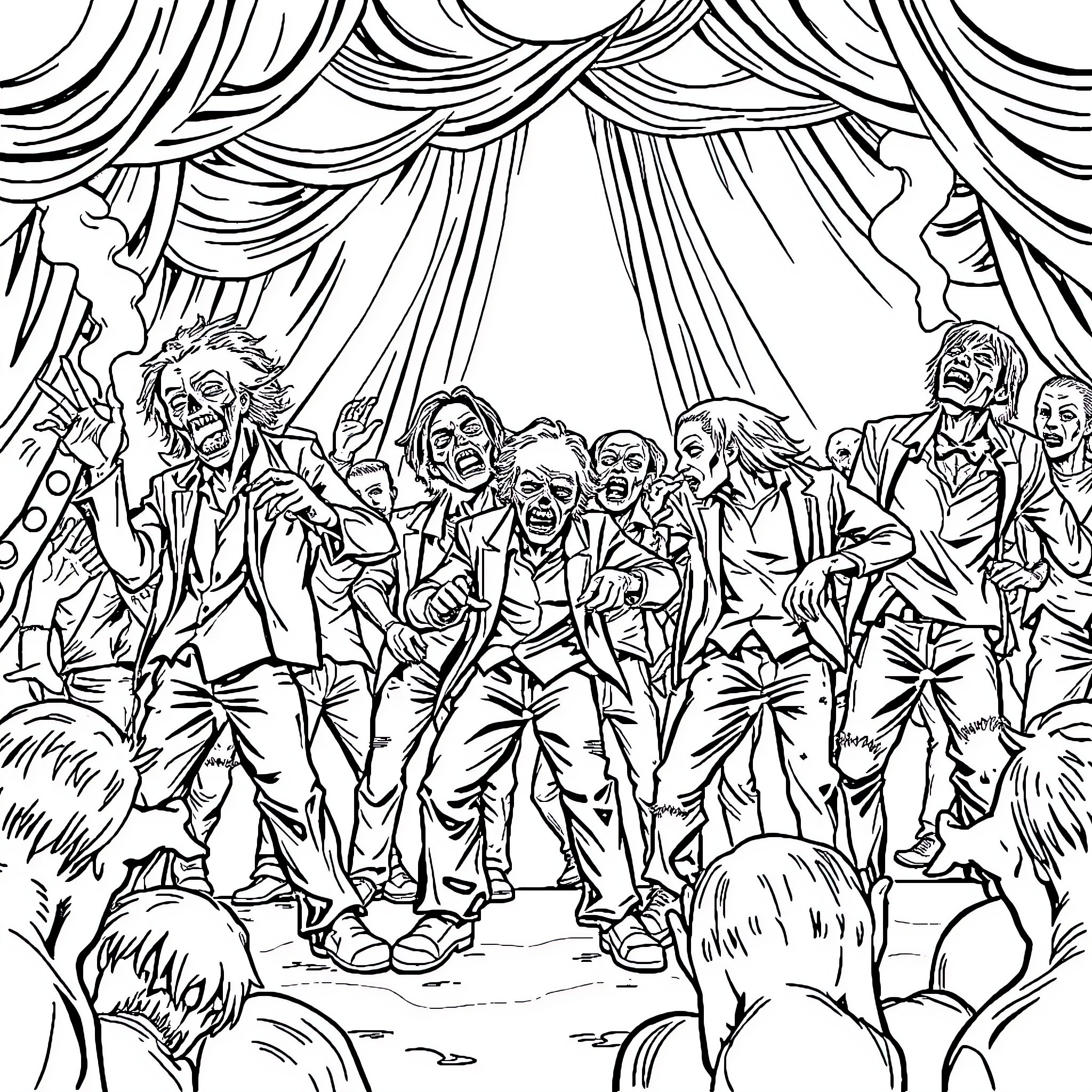 Zombie Performers on Stage Coloring Page (free black-and-white line drawing printable PDF for all, from beginners to advanced learners, including children, teens, adults, and seniors)
