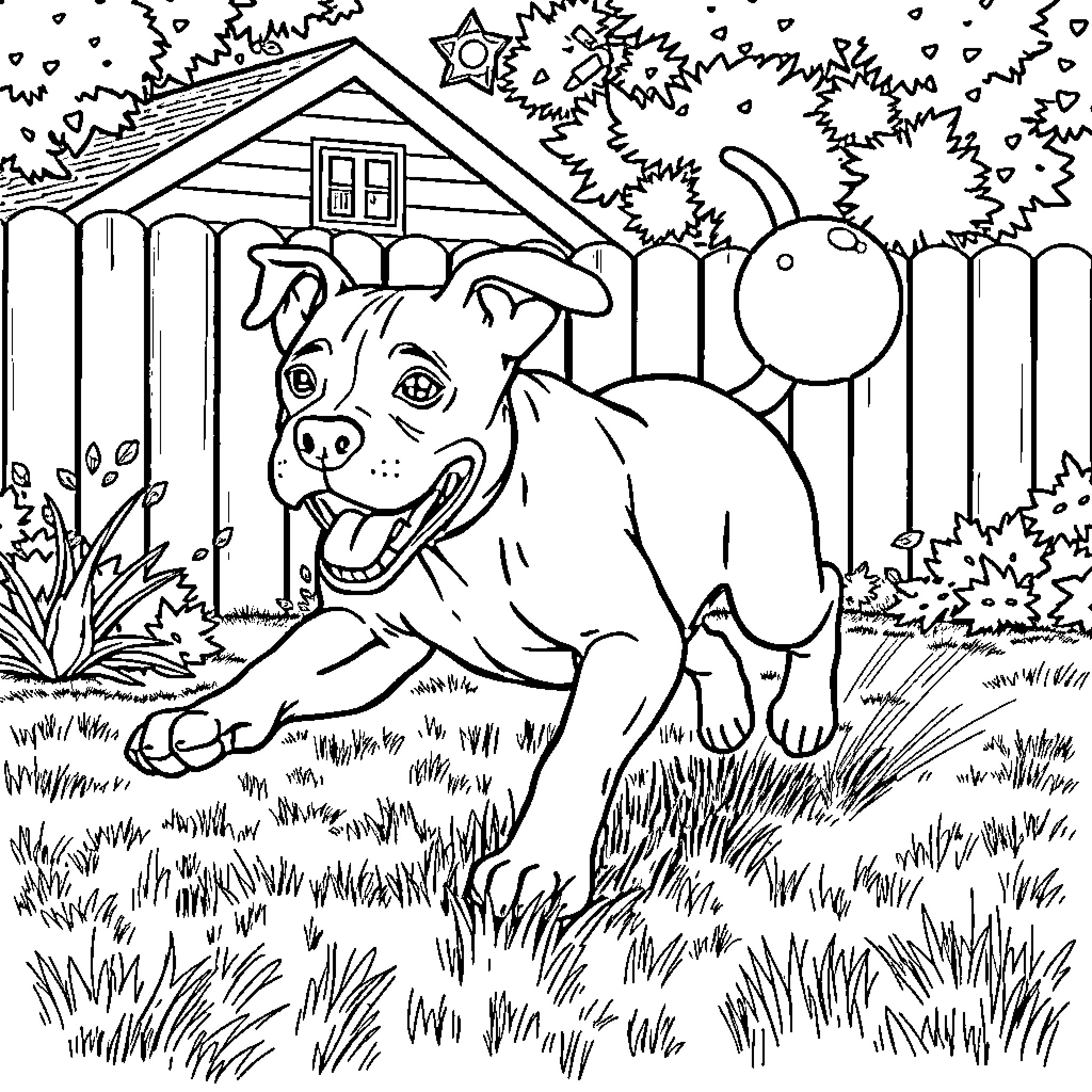 Pitbull playing joyfully in the backyard Coloring Page (free black-and-white line drawing printable PDF for all, from beginners to advanced learners, including children, teens, adults, and seniors)