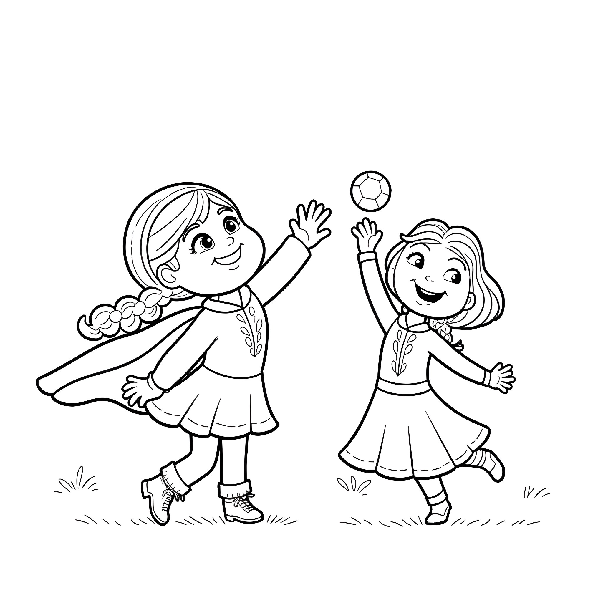 Anna and Elsa playing joyfully in the park Coloring Page (free black-and-white line drawing printable PDF for all, from beginners to advanced learners, including children, teens, adults, and seniors)