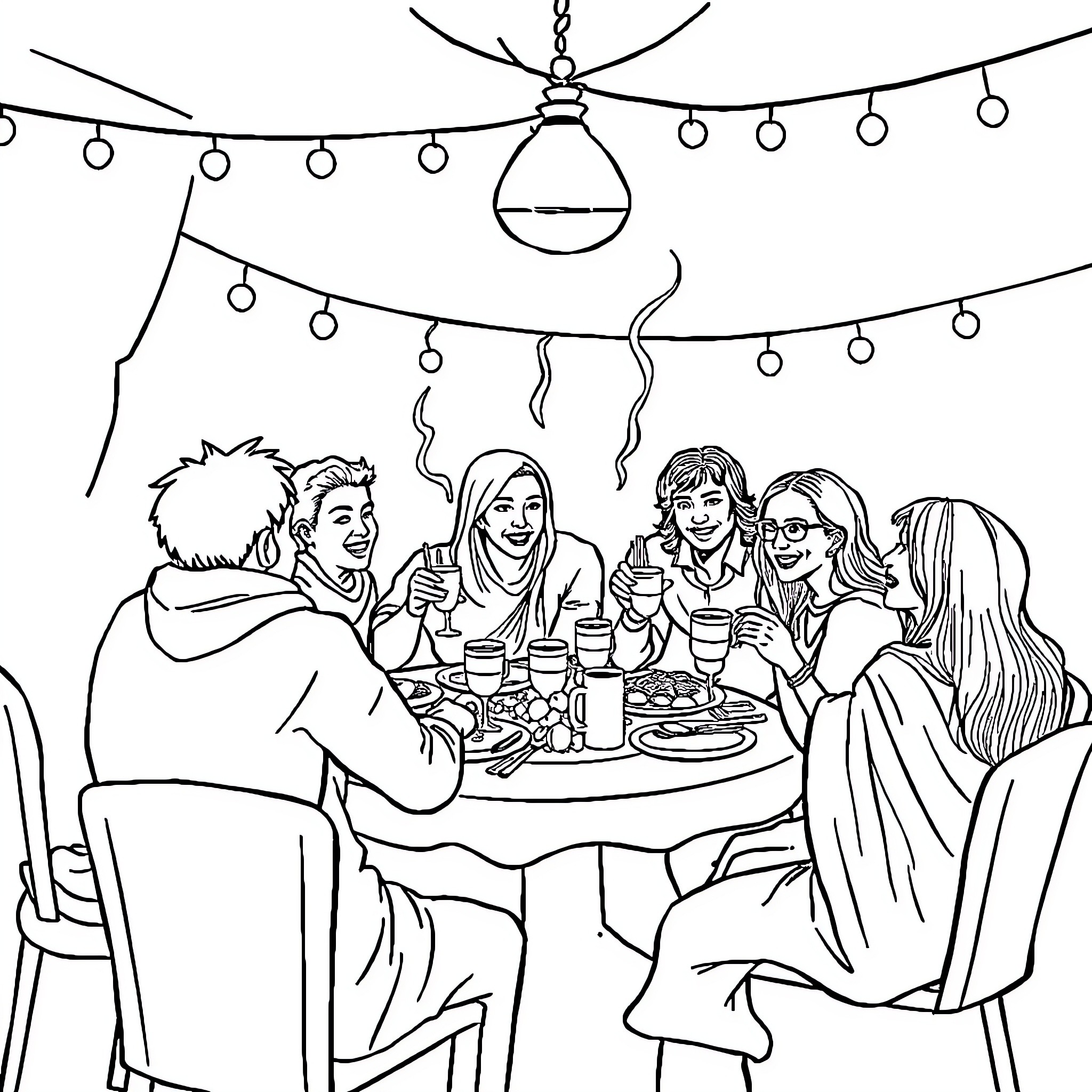 Tung Tung Friends Dining and Chatting Outdoors Coloring Page (free black-and-white line drawing printable PDF for all, from beginners to advanced learners, including children, teens, adults, and seniors)