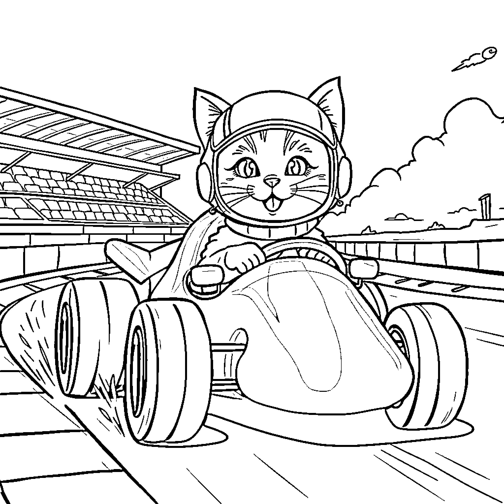 Cat racing car on racetrack Coloring Page (free black-and-white line drawing printable PDF for all, from beginners to advanced learners, including children, teens, adults, and seniors)