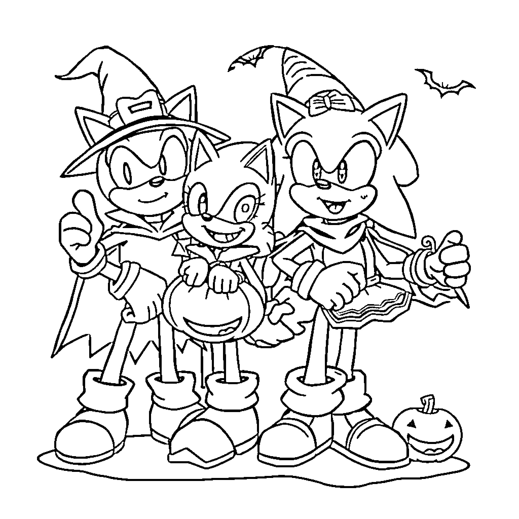 Sonic Characters in Halloween Costumes Coloring Page (free black-and-white line drawing printable PDF for all, from beginners to advanced learners, including children, teens, adults, and seniors)