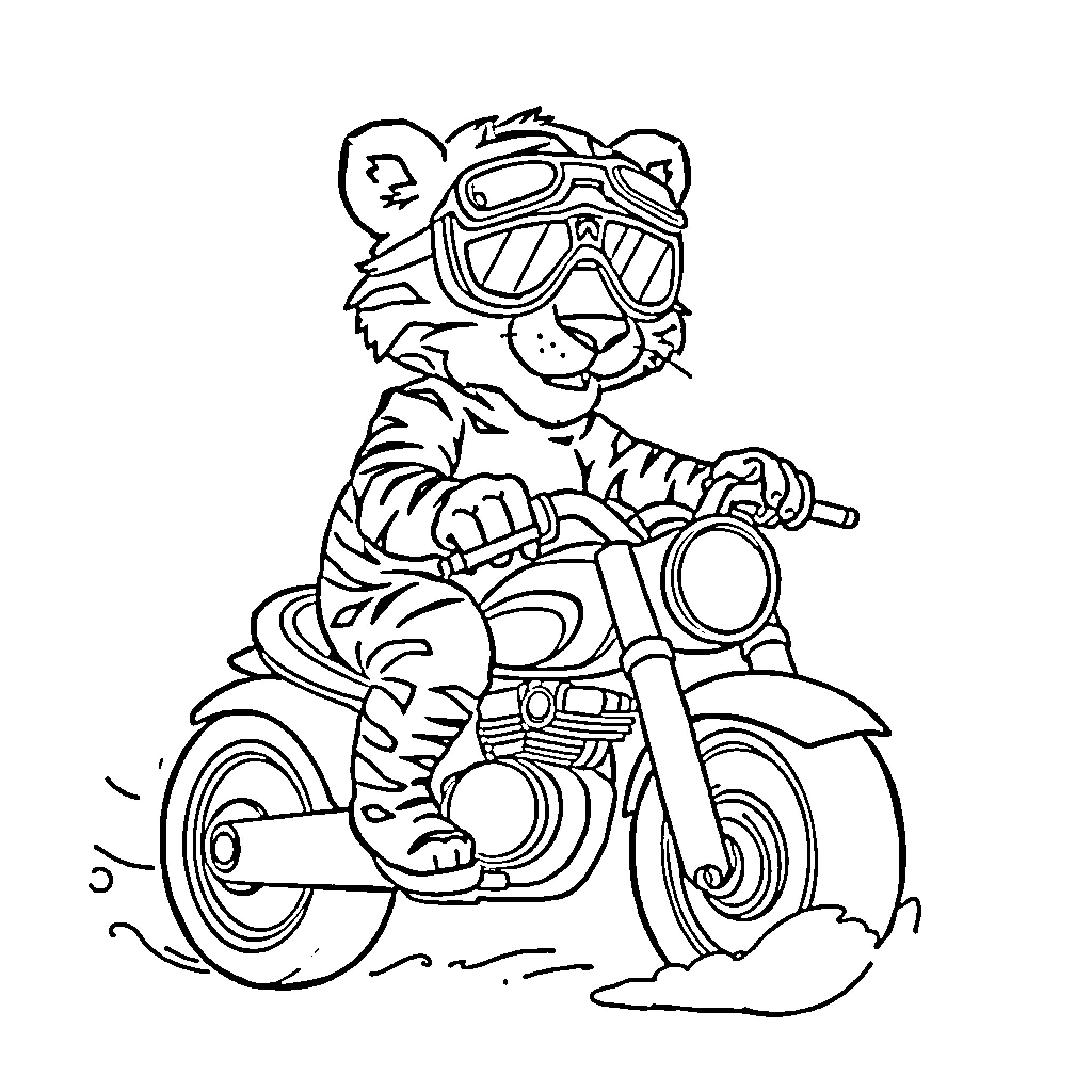 Tiger riding motorcycle with goggles and gear Coloring Page (free black-and-white line drawing printable PDF for all, from beginners to advanced learners, including children, teens, adults, and seniors)