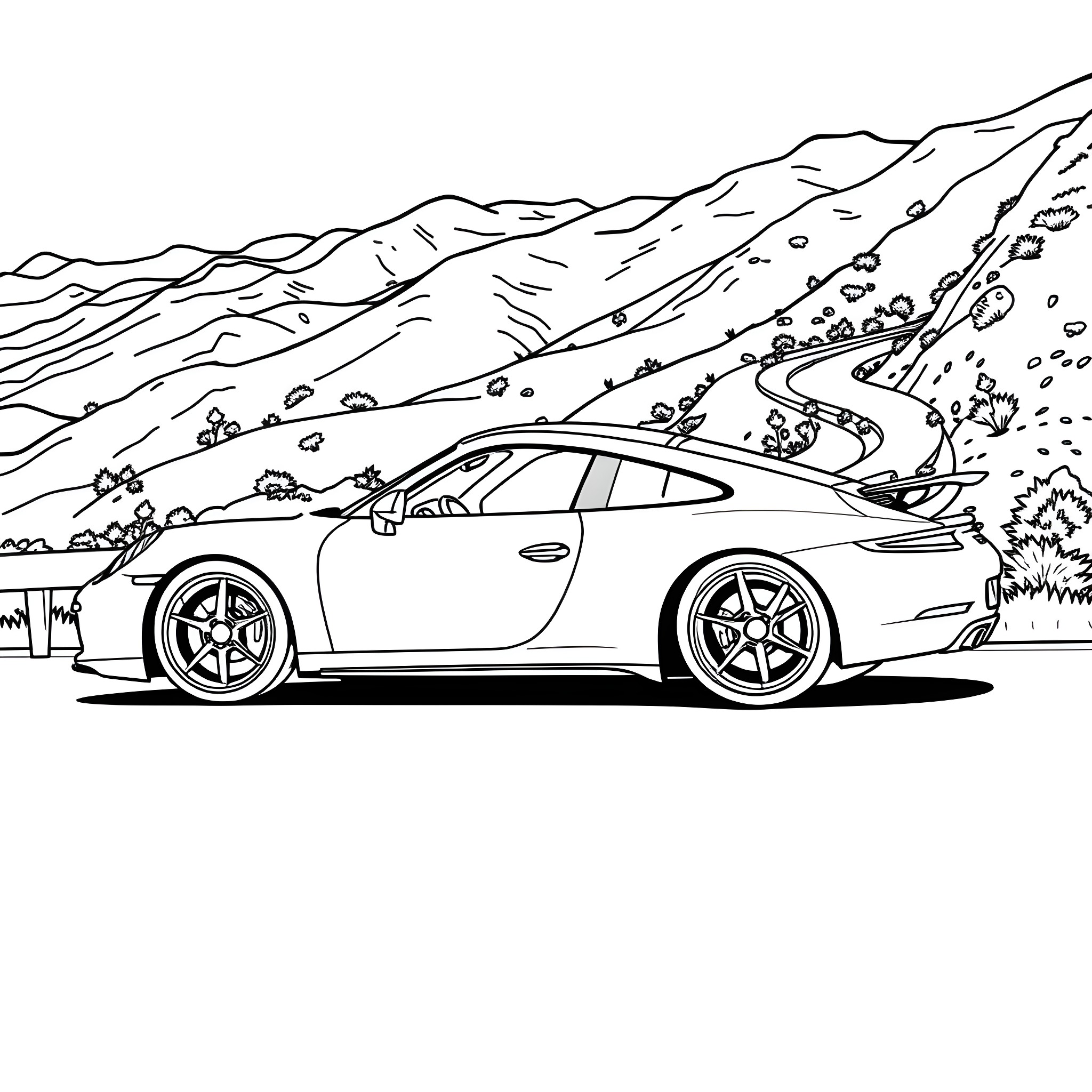 Porsche 911 driving through mountain landscape Coloring Page (free black-and-white line drawing printable PDF for all, from beginners to advanced learners, including children, teens, adults, and seniors)