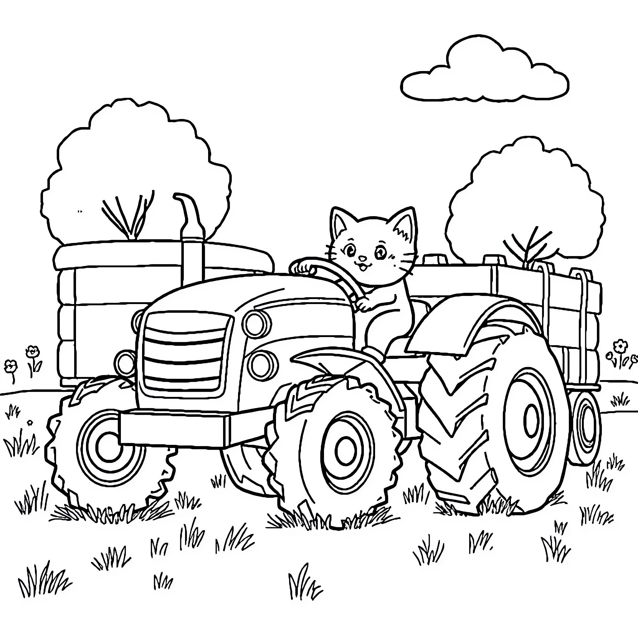 Cat riding on a tractor in the countryside Coloring Page (free black-and-white line drawing printable PDF for all, from beginners to advanced learners, including children, teens, adults, and seniors)