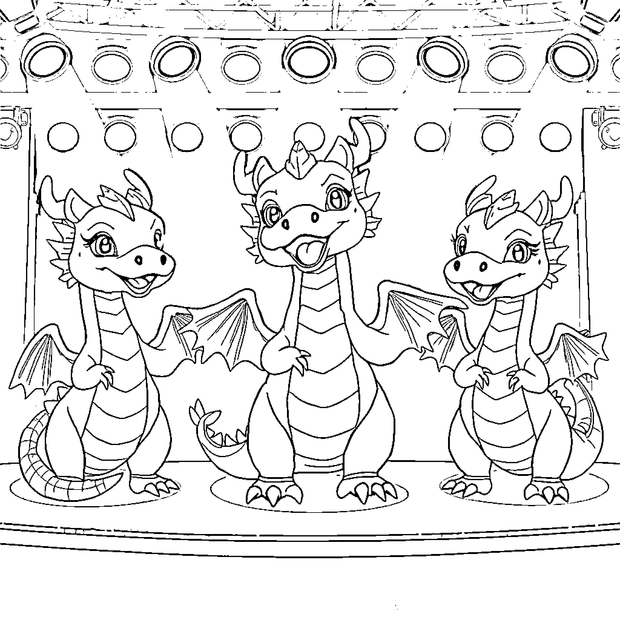 Water Dragons in a Playful Dance Coloring Page (free black-and-white line drawing printable PDF for all, from beginners to advanced learners, including children, teens, adults, and seniors)