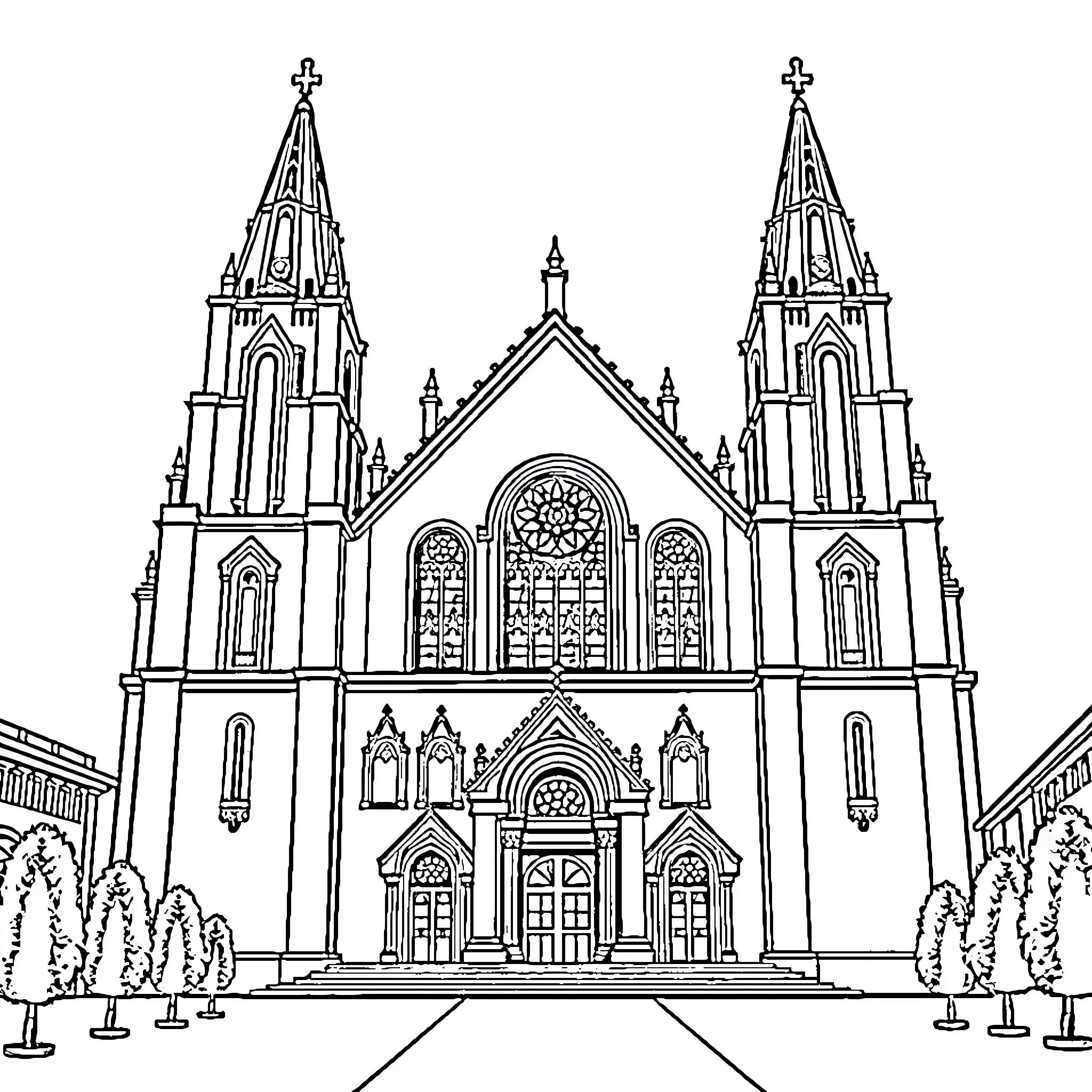 Basilica with intricate Gothic architecture and ornate facade Coloring Page (free black-and-white line drawing printable PDF for all, from beginners to advanced learners, including children, teens, adults, and seniors)