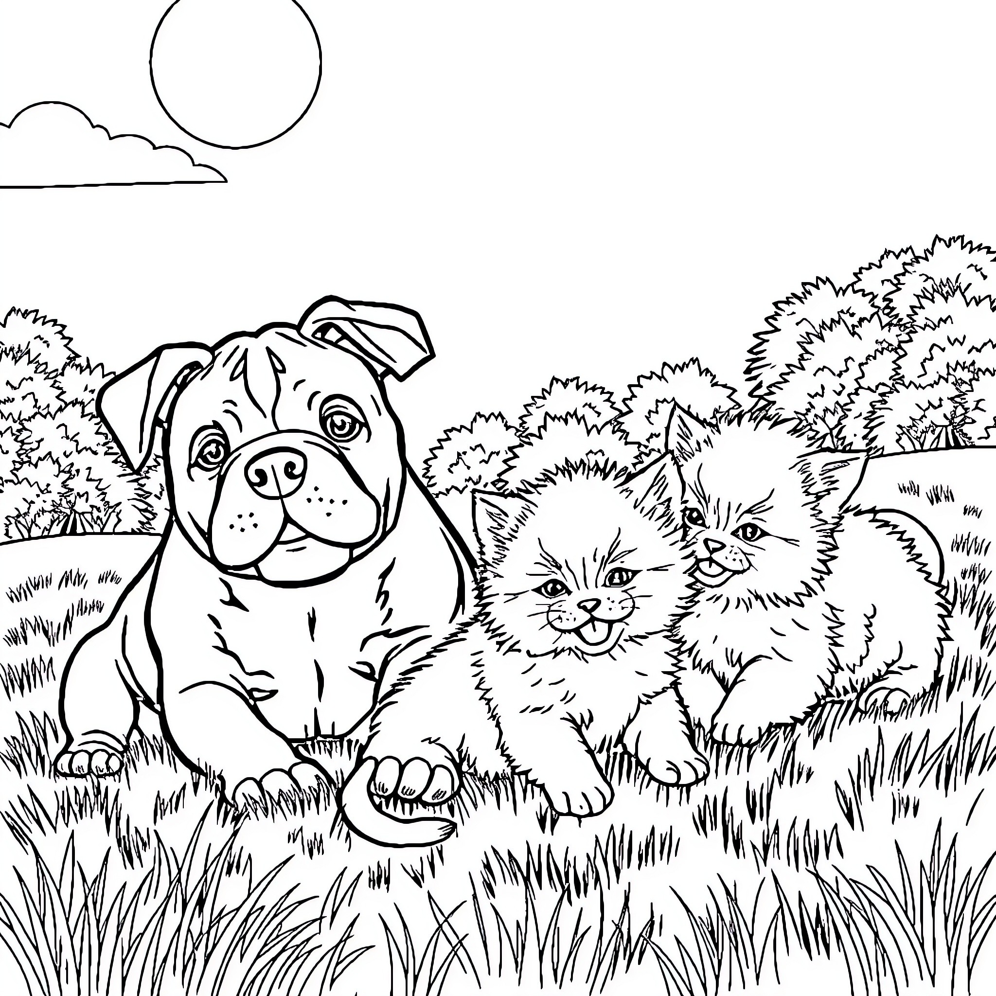 Pitbull and Playful Feline in Scenic Outdoor Setting Coloring Page (free black-and-white line drawing printable PDF for all, from beginners to advanced learners, including children, teens, adults, and seniors)